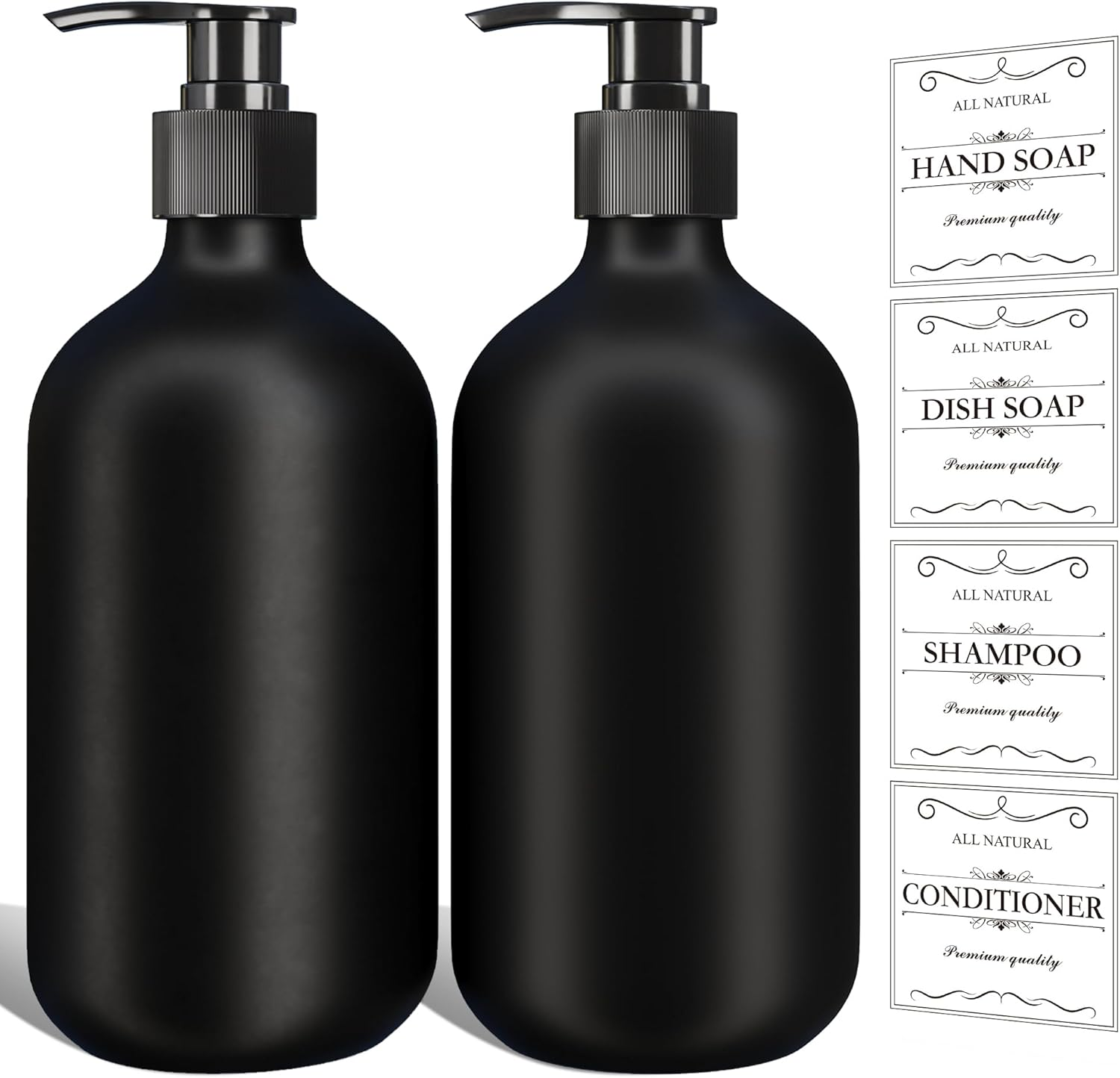 2Pcs Black Soap Dispenser, 16Oz Plastic Dish & Hand Soap Dispenser for Kitchen, Empty Liquid & Lotion Dispenser Set for Bathroom Accessories