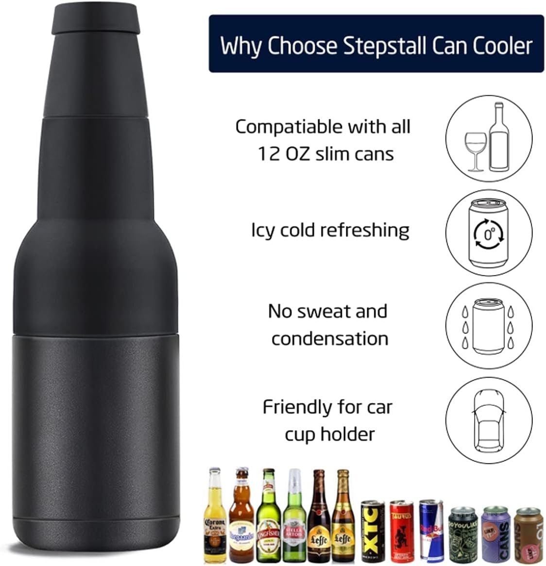 Stepstall Beer Gifts for Men, Beer Bottle and Can Cooler with Beer Opener, 12 Oz. Slim Can Beer Bottle Insulators Holder, Vacuum Insulated Double Walled Stainless Steel(Matte Black) image number 6