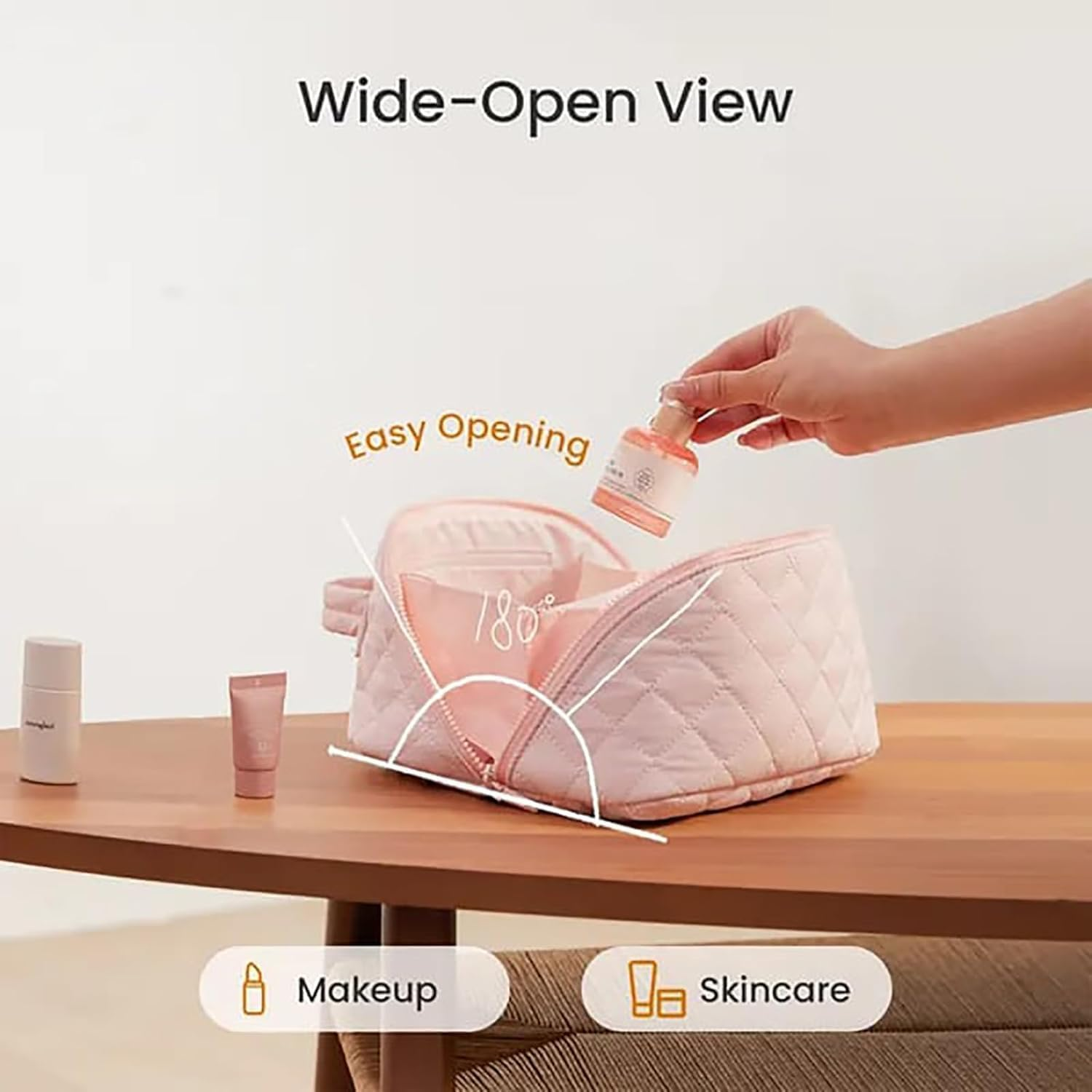 Petition Makeup Bag for Women, Makeup Bag,Travel Makeup Bag, Puffer Waterproof Cosmetic Organizer, Wide Open Lay-Flat Large Capacity Travel Cosmetic Case with Compartments Toiletry Bag