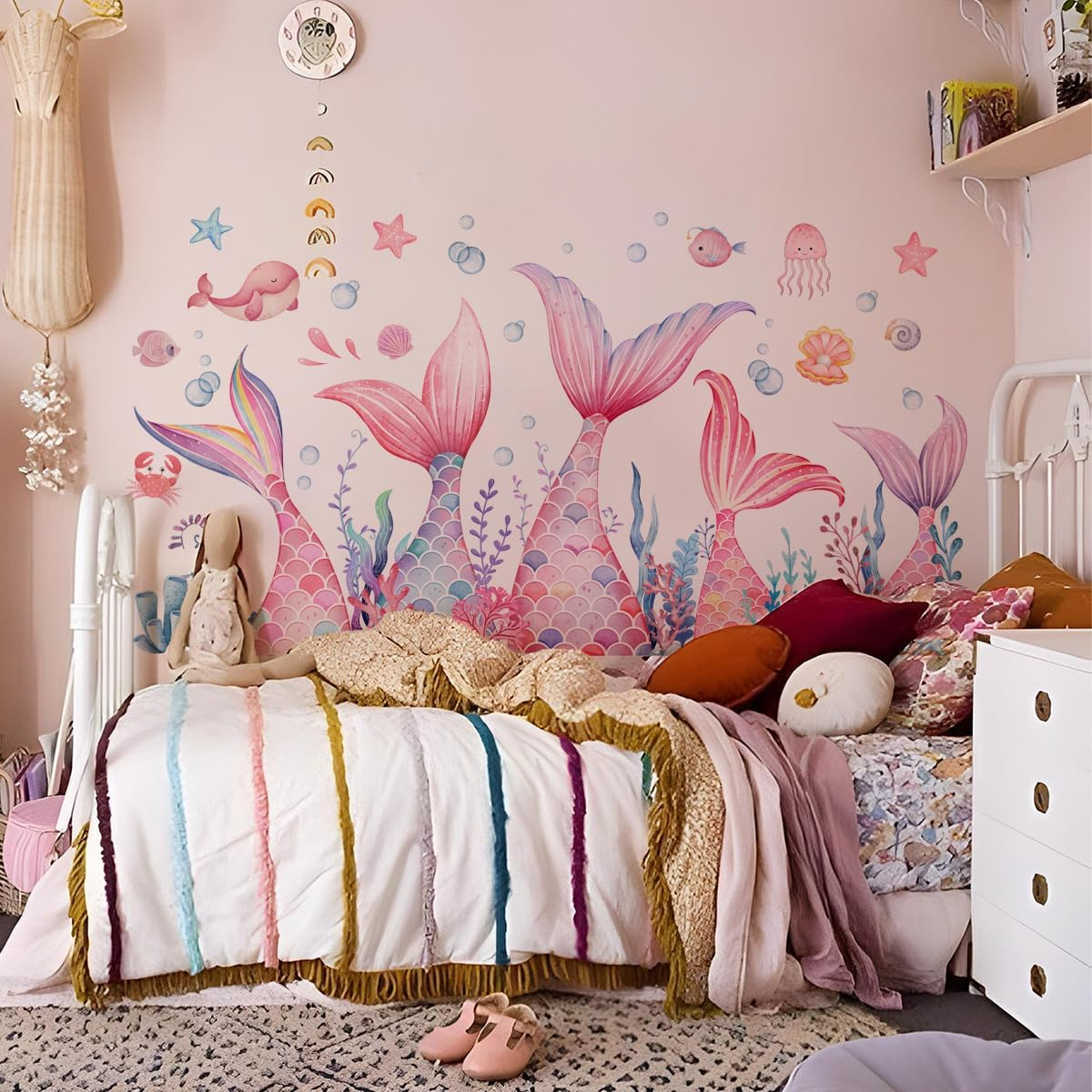Mermaid Tail Wall Stickers under the Sea Mermaid Bubble Seaweed Peel and Stick Wall Art Decals for Girls Bedroom Bathroom (30 * 90Cm*2Pcs) image number 4