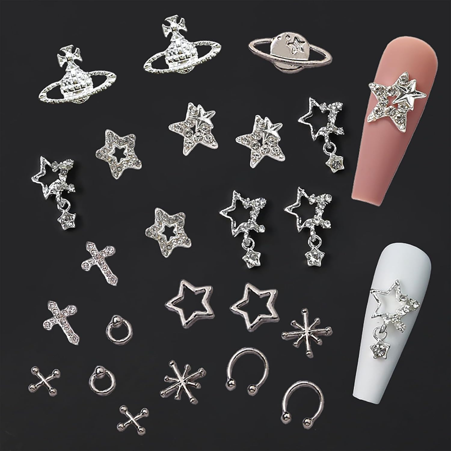 110Pc Star Nail Charms, Silver Star Planet Cross Alloy Nail Art Decoration image number 5