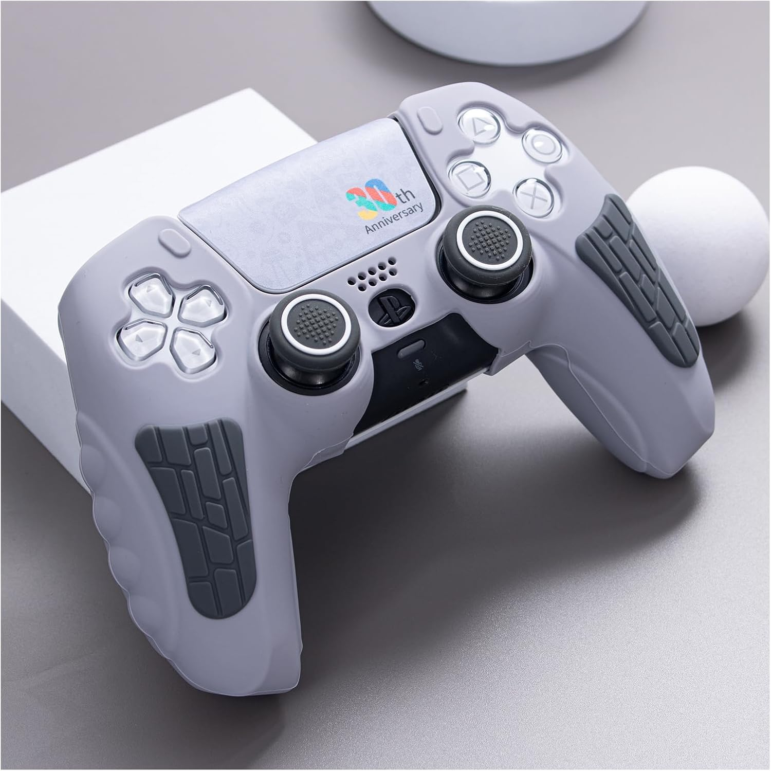 ECHZOVE PS5 Controller Cover Case &ndash; 30Th Anniversary Limited Edition Protective Silicone Skin for Playstation 5 Controller, Anti-Slip, Sweat-Resistant, Shockproof Grip Case (Light Grey) image number 2