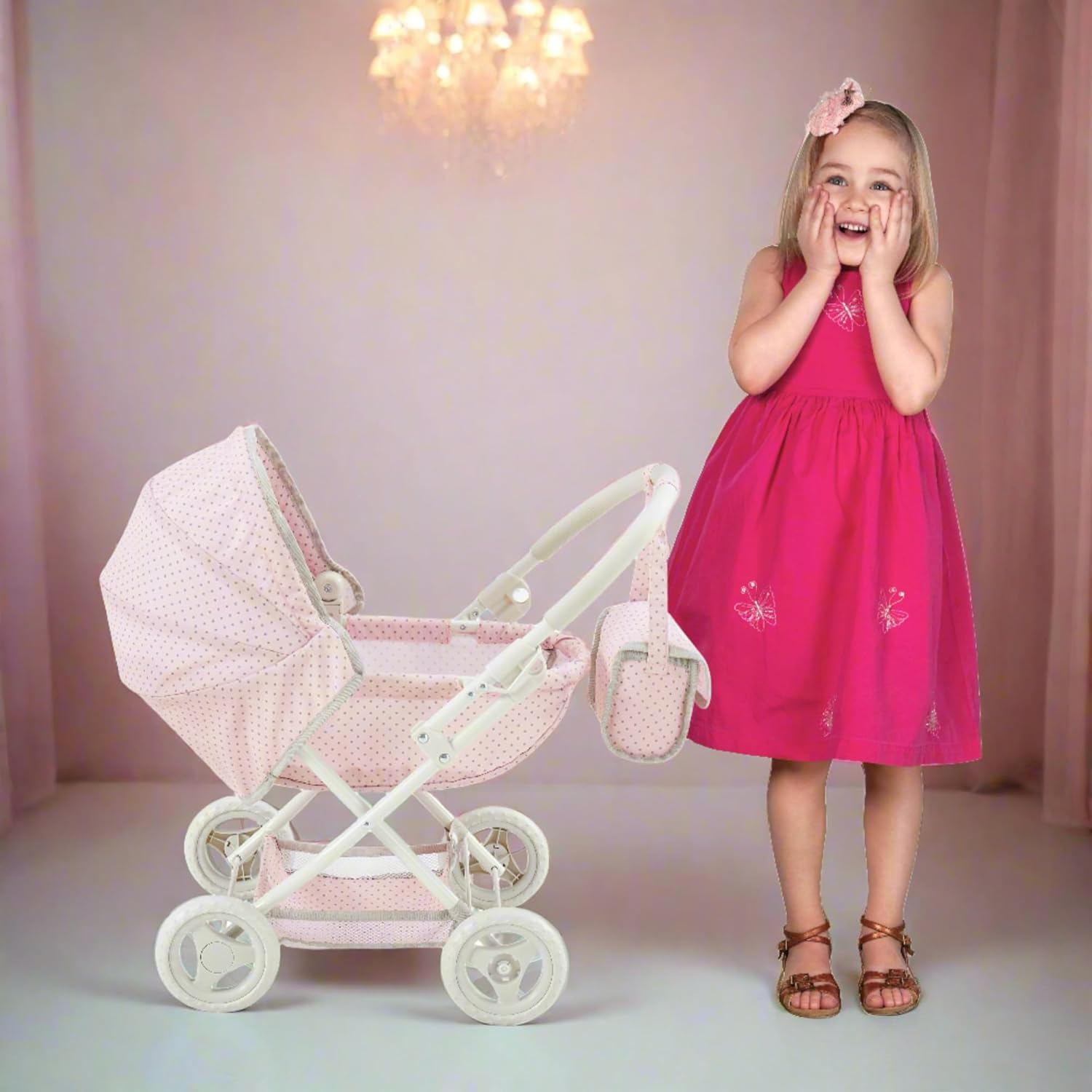 Olivia'S Little World Polka Dot Princess Baby Doll Pram Stroller with Retractable Canopy & Storage, Pink image number 5
