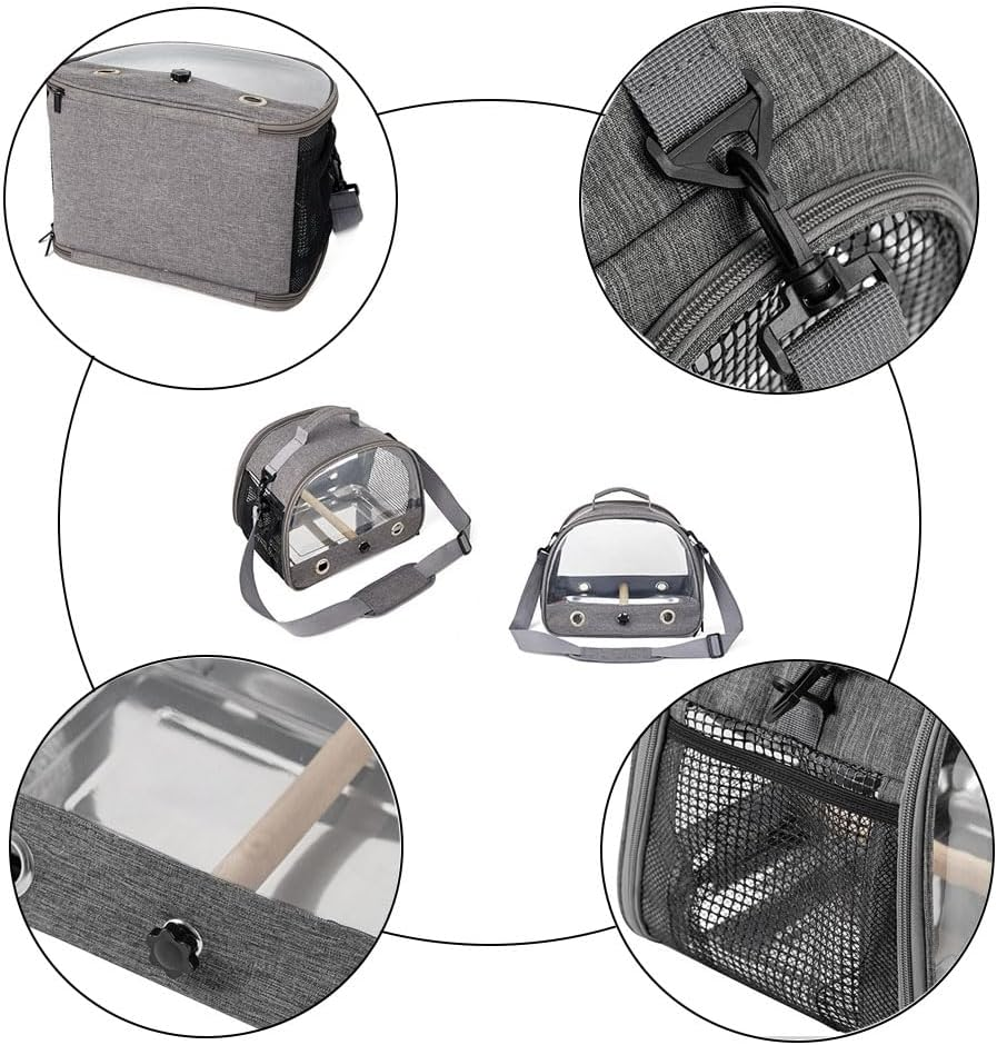 Esforzarse Grey Bird Travel Carrier with Stand Perch and Stainless Tray, Pet Transparent Breathable Travel Cage, Portable Small Bird Parrot Parakeet Cockatiel Carrier for Small Cockatiel, Birds,Parrot image number 1