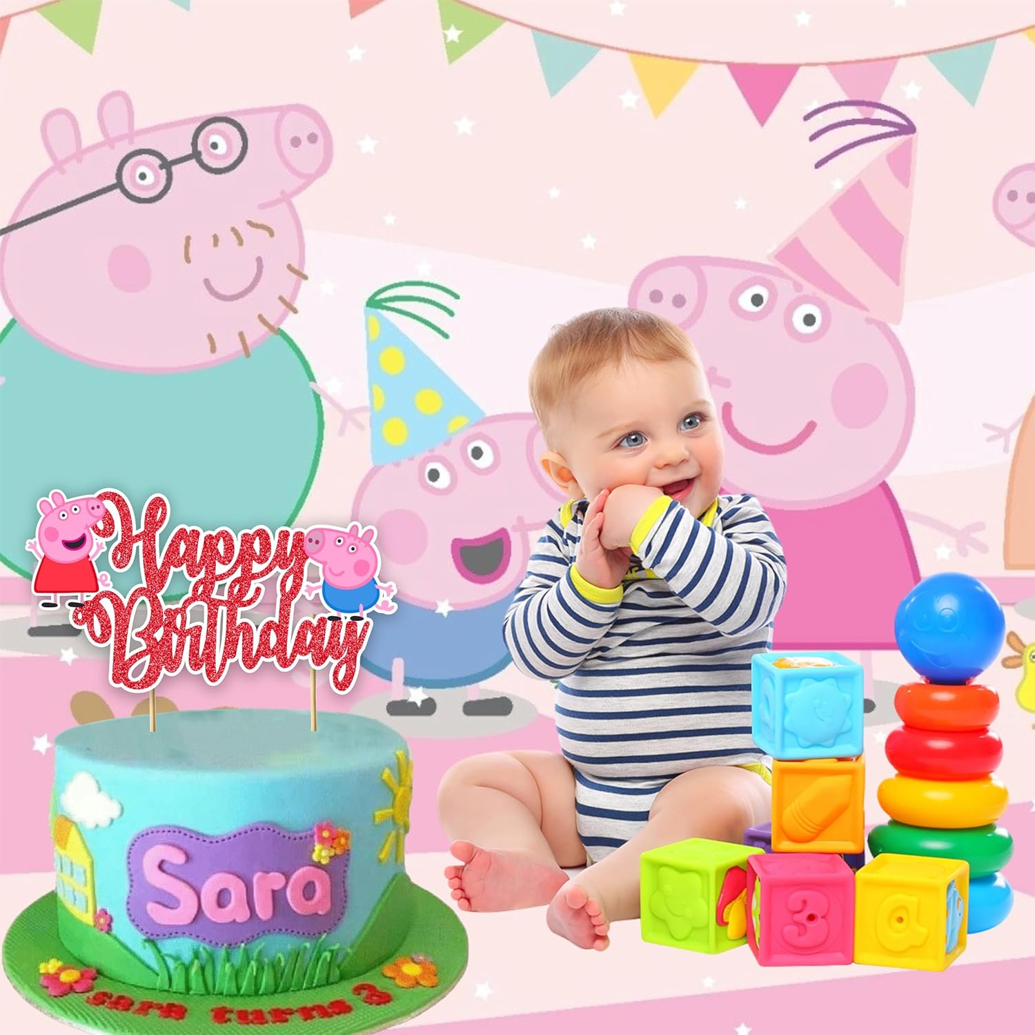 Pepa Pig Happy Birthday Cake Topper &ndash; Cute and Fun Dessert Decoration for Kids' Parties, Perfect for Adding a Playful Touch to Your Child&rsquo;S Birthday Celebration and Cake Design - Barbe Happy Birthday Cake Topper image number 3