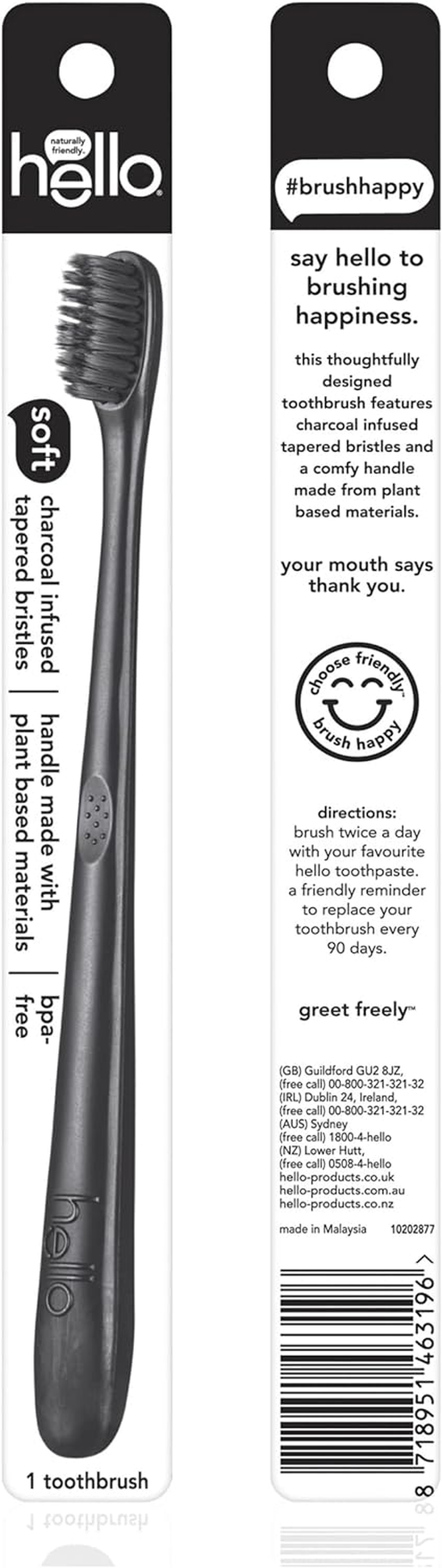 Hello Charcoal Infused Manual Toothbrush, 1 Pack, Soft Tapered Bristles, Black, BPA Free image number 2
