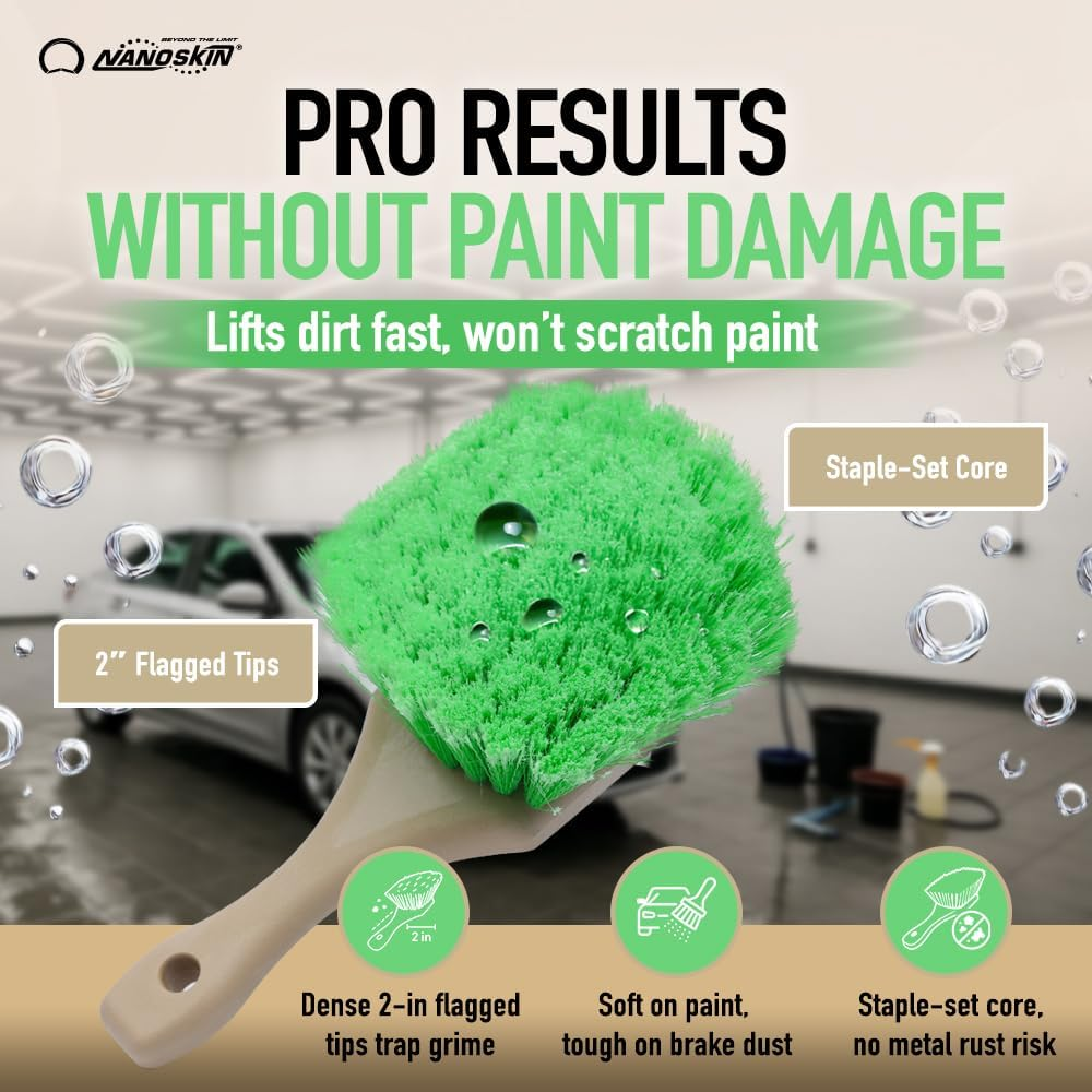 Nanoskin Pro-Grade 8.5" Car Detailing Brush - Durable Green Polystyrene Flagged Bristles, Acid Resistant, Gentle Surface Cleaning, Auto Wash, Tire & Wheel Scrub, Professional Automotive Detailer Tool image number 5