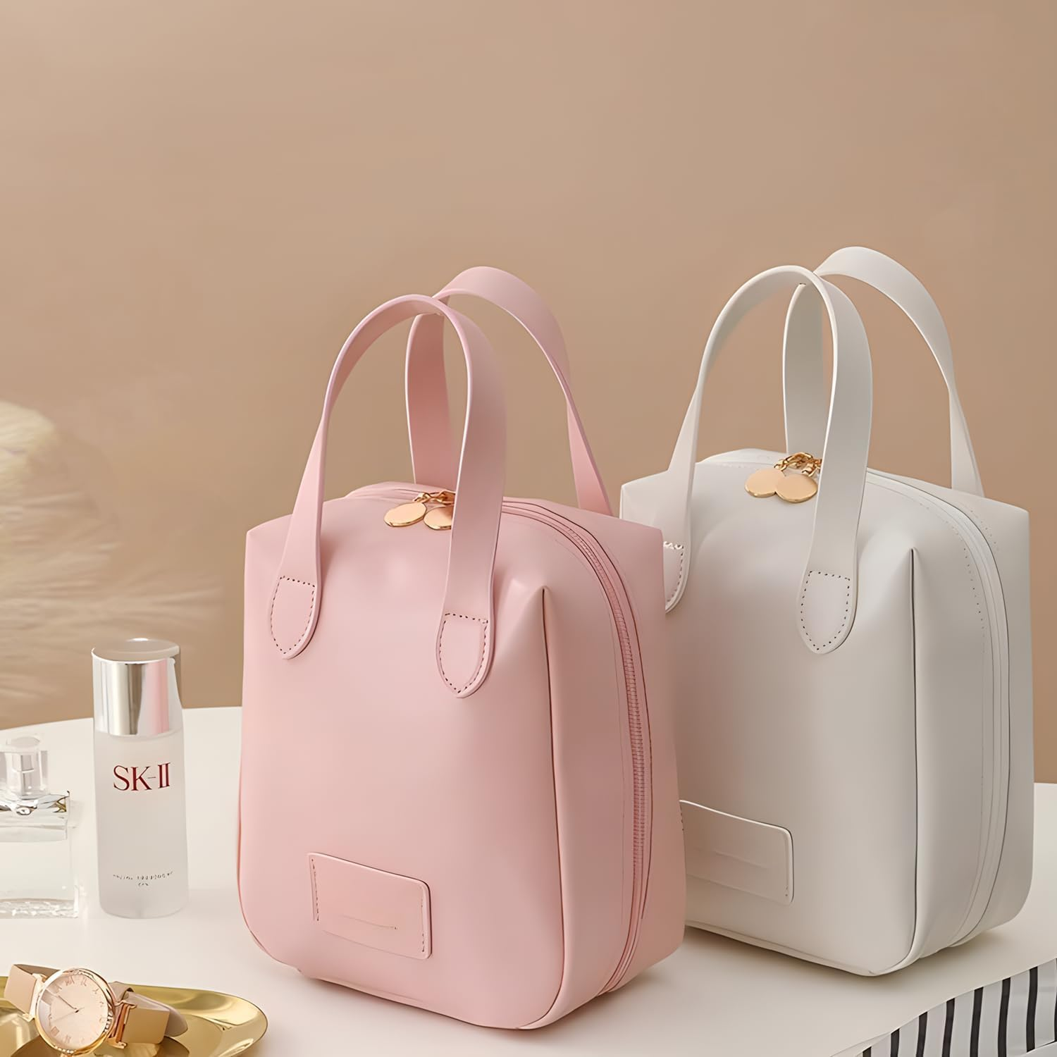 Travel Makeup Bag,Large Capacity Cosmetic Bags for Women,Waterproof Portable Pouch Open Flat Toiletry Bag Make up Organizer with Divider and Handle for Women and Girls Gifts (White) - Pink image number 3