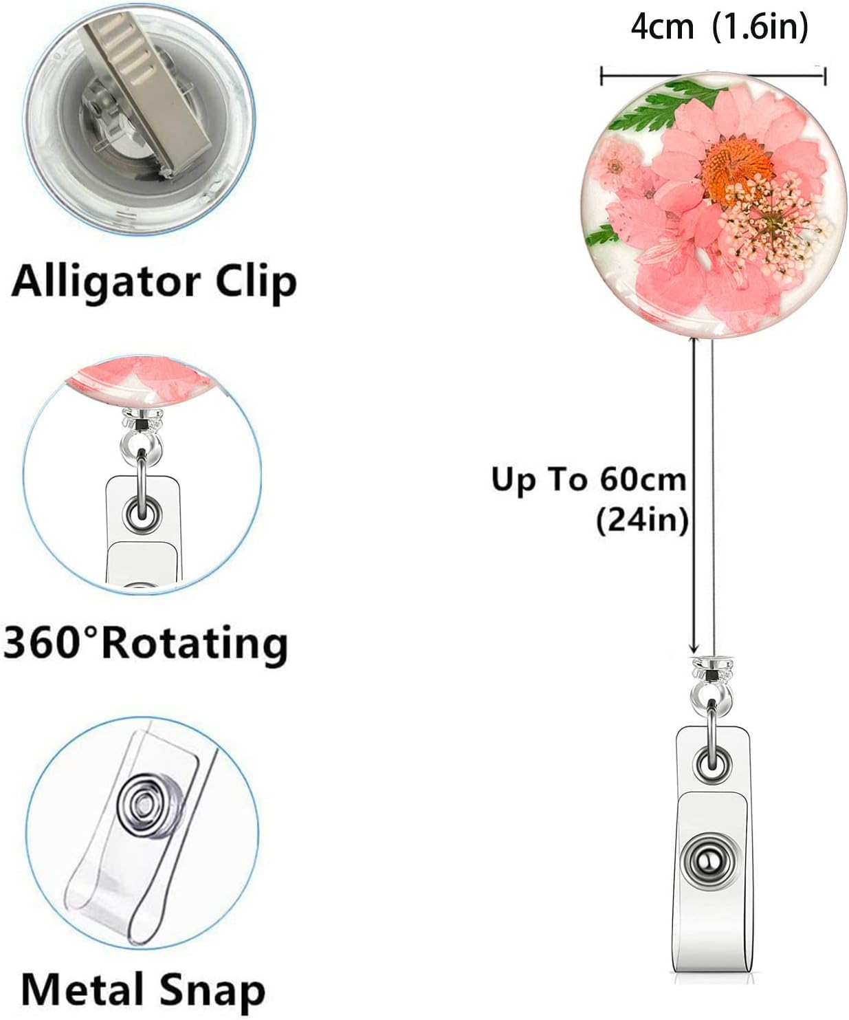 Nurse Badge Reel Retractable Cute Pressed Dried Flower Resin, Retractable ID Badge Holders for Nurses Christmas Stocking Stuffers (Light Pink) image number 4