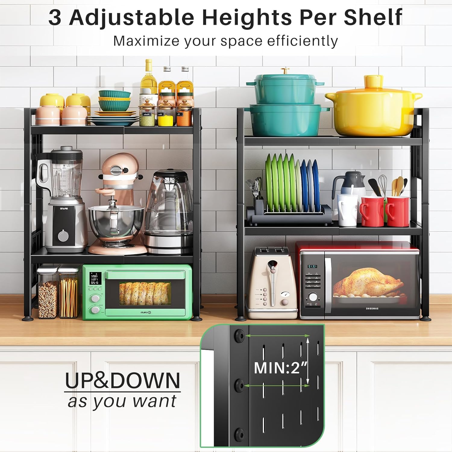 Expandable Microwave Stand,Heavy Duty 3-Tier Adjustable Height Microwave Oven Rack with 9 Hooks, Towel Rack, and Cutting Board Holder, Countertop Kitchen Shelf Organizer, Holds up to 180 Lbs, Black