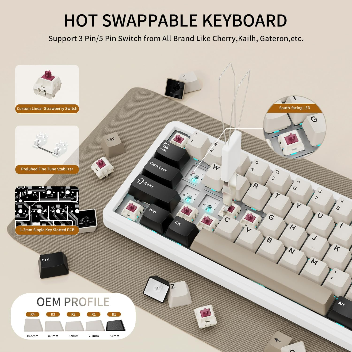 ATTACK SHARK X66 Wireless Mechanical Gaming Keyboard with Knob,Tri Mode USB-C/BT5.0/2.4G Gasket Mounted 60% RGB Gaming Keyboard 66Keys,Pbt Keycap, Hot Swappable Custom Strawberry Switch(Cheese White) image number 1