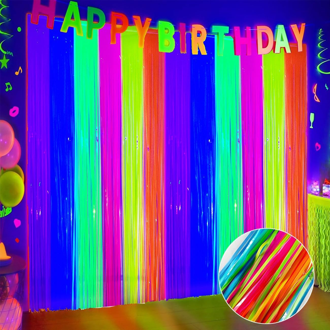 3Pack Matching Foil Fringe Curtain Backdrop Glow in the Dark Party Supplies Fluorescent Macaron Tassel Curtain Photo Booth Props Background Streamers Party Decoration image number 5