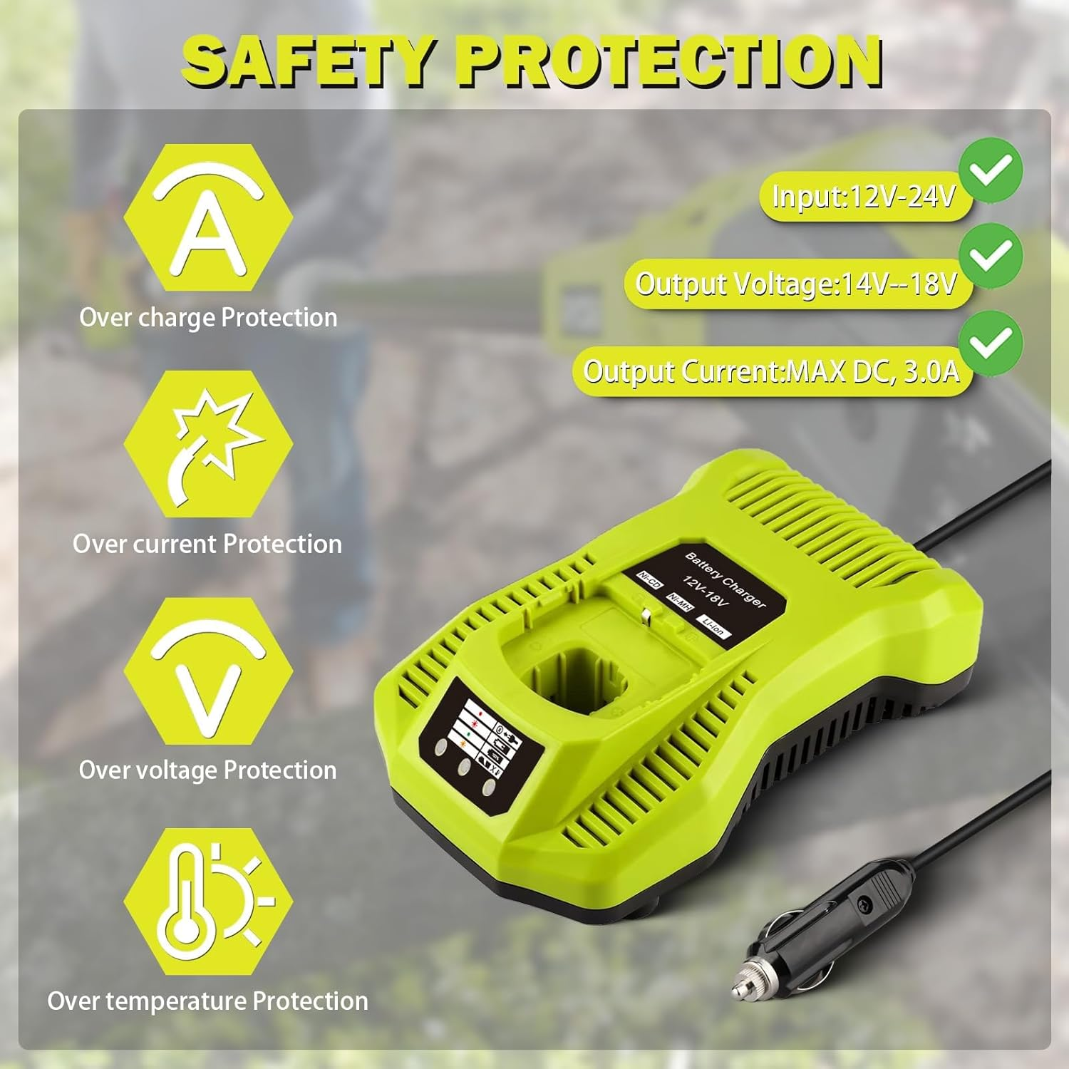Rapid Auto Charger Replacement for Ryobi One+ 12V 14.4V 18V Lithium-Ion/Nicad/Nimh Battery, Car Vehicle Charger for Ryobi P102 P108 P189 P197 P103 P105 P107 P190 P191 PBP002 PBP005 image number 3
