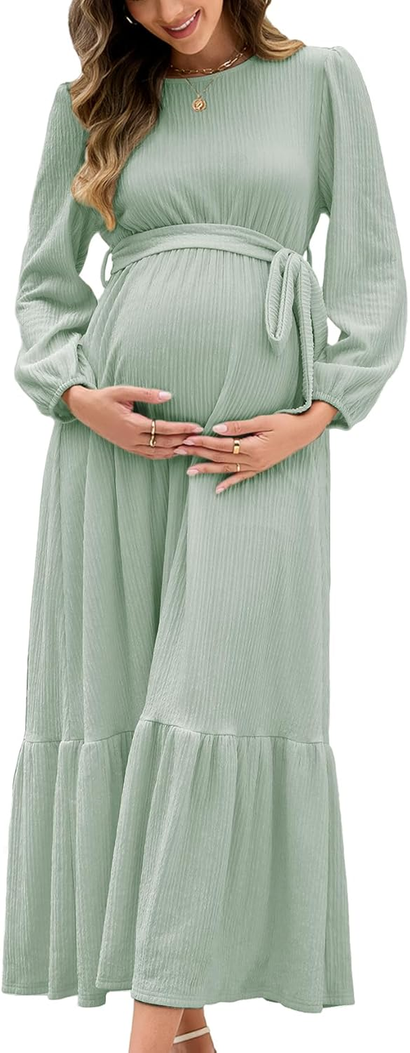 Women'S Maternity Maxi Dress with Belt Long Sleeve Crew Neck Pregnancy Dresses with Pockets Baby Shower Photoshoot