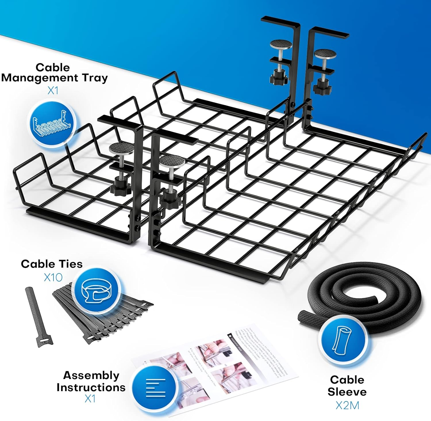 Under Desk Cable Management Tray - 2 Pack Metal Racks for Wire Organizer, Sturdy Basket for Office and Home Standing Desk, No Drilling image number 1