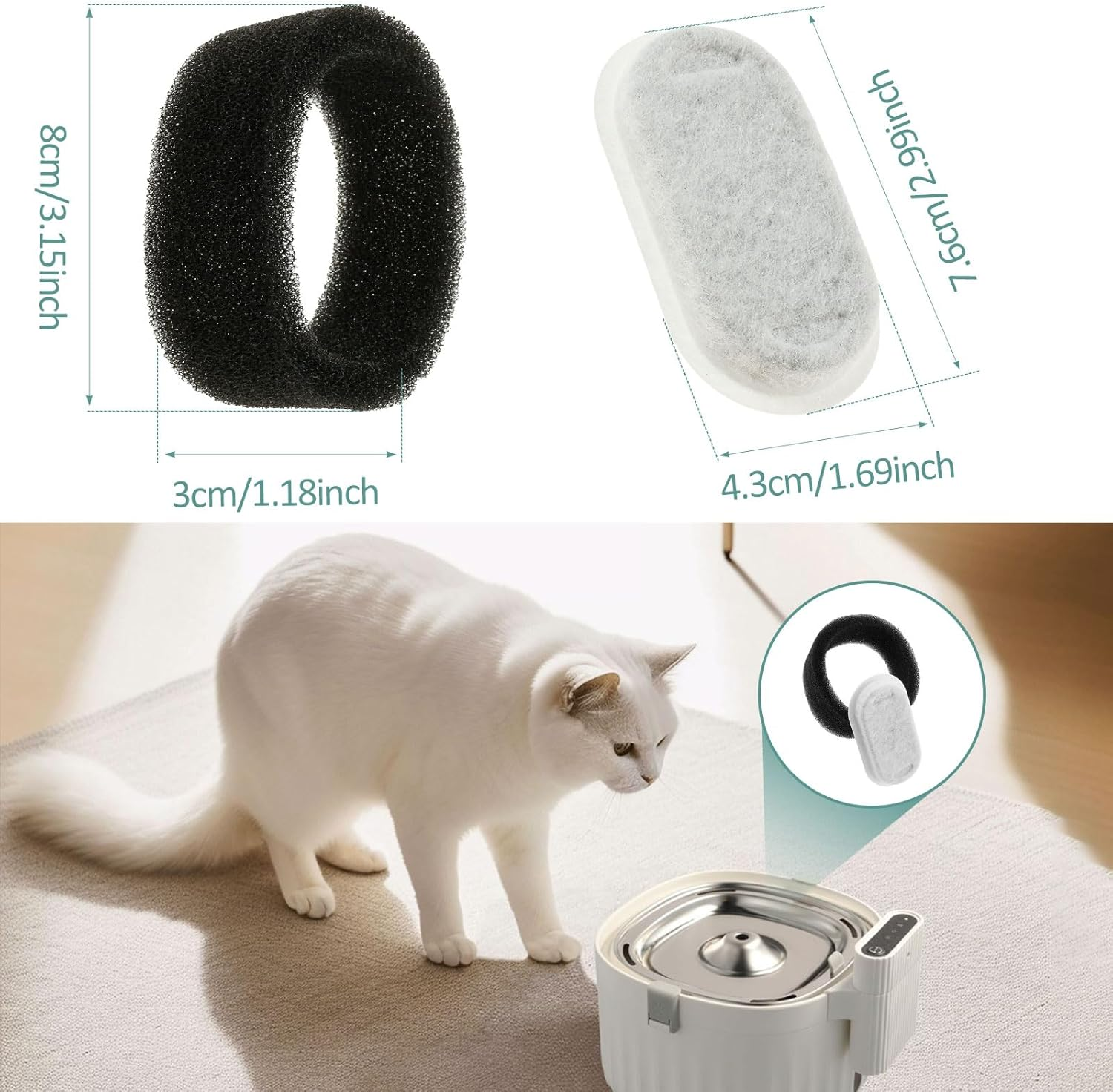 ZFLYCANP 32 Pcs Safe Cat Water Fountain Filters, Easy to Use Cat Fountain Replacement Filters with 16 Sponge for 67Oz 108Oz Stainless Steel Pet Water Dispenser image number 1