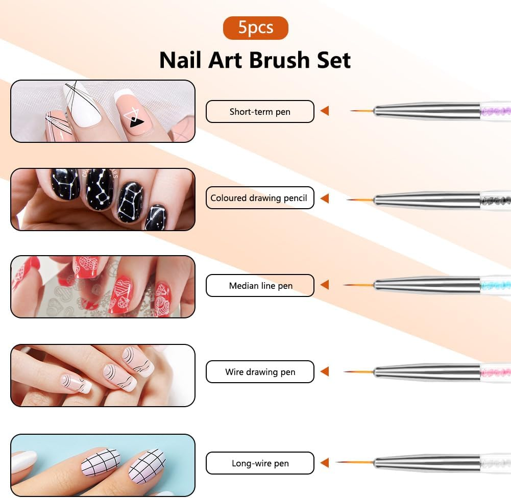 BUTBU Pack of 5 Nail Art Brushes, Double End Nail Art Liner Brush, Nail Design Brush, Painting Art Design Brush Set, Nail Dotting Drawing Tool for Long Lines, Thin Details (Colour Mix) image number 1