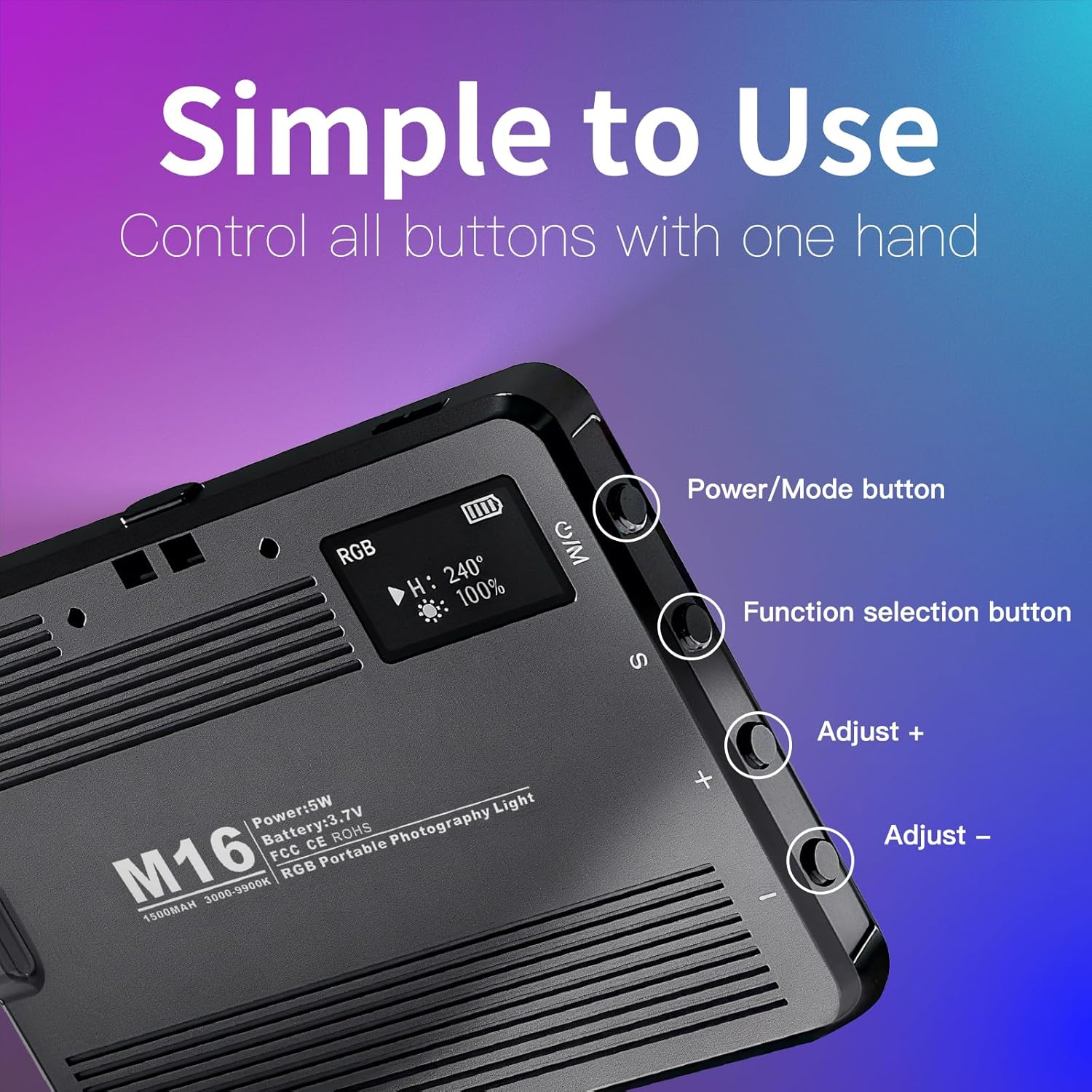 YLSD RGB Portable Selfie Light for Phone&Camera, 360&deg; Full Color 94 LED Video Light with Cold Shoe, CCT 3000K-9900K CRI 80+,1500Mah Rechargeable Ring Light for Photography/Vlog/Tiktok image number 4