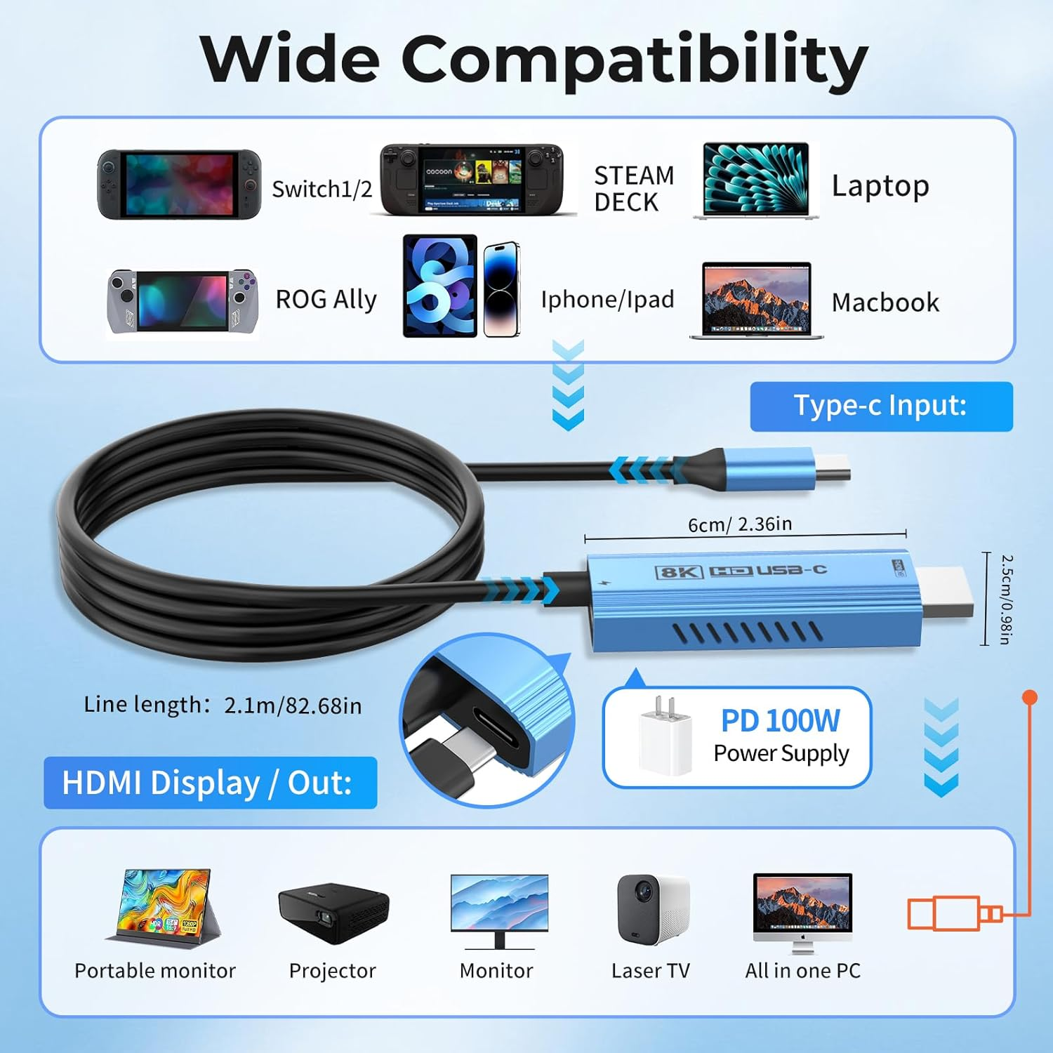 Guermok USB-C to HDMI Cable, 67In &ndash; HDR & ALLM, 8K@60Hz / 4K@144Hz, PD100W, USB-C Video Output for Switch 2 Dock, Capture Cards, Tvs, Handheld Consoles(Blue) image number 1
