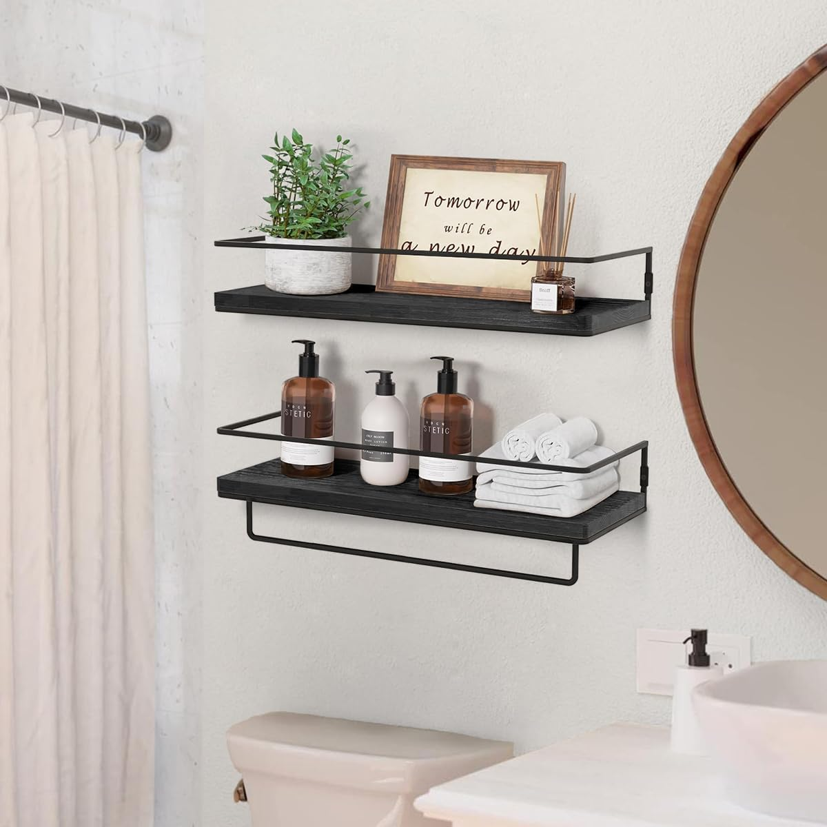 Delsol Floating Shelves for Wall, Wall Mounted Storage Shelves Set of 2 with Black Metal Frame, Towel Rack for Bathroom, Bedroom, Living Room, Kitchen, Office (Black)