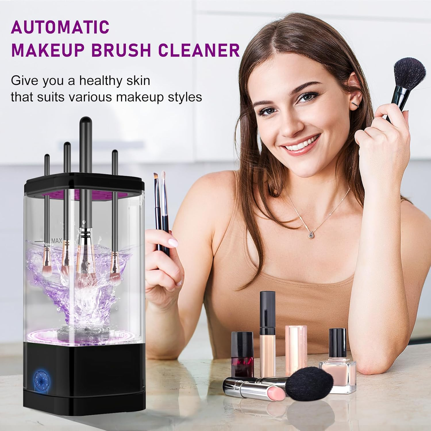 Electric Makeup Brush Cleaner,Quick Efficient Makeup Cleaner for Cleaning and Drying All Brush Types, Portable Automatic Makeup Brush Cleaning Solution for Beauty Lovers-Black - White image number 6