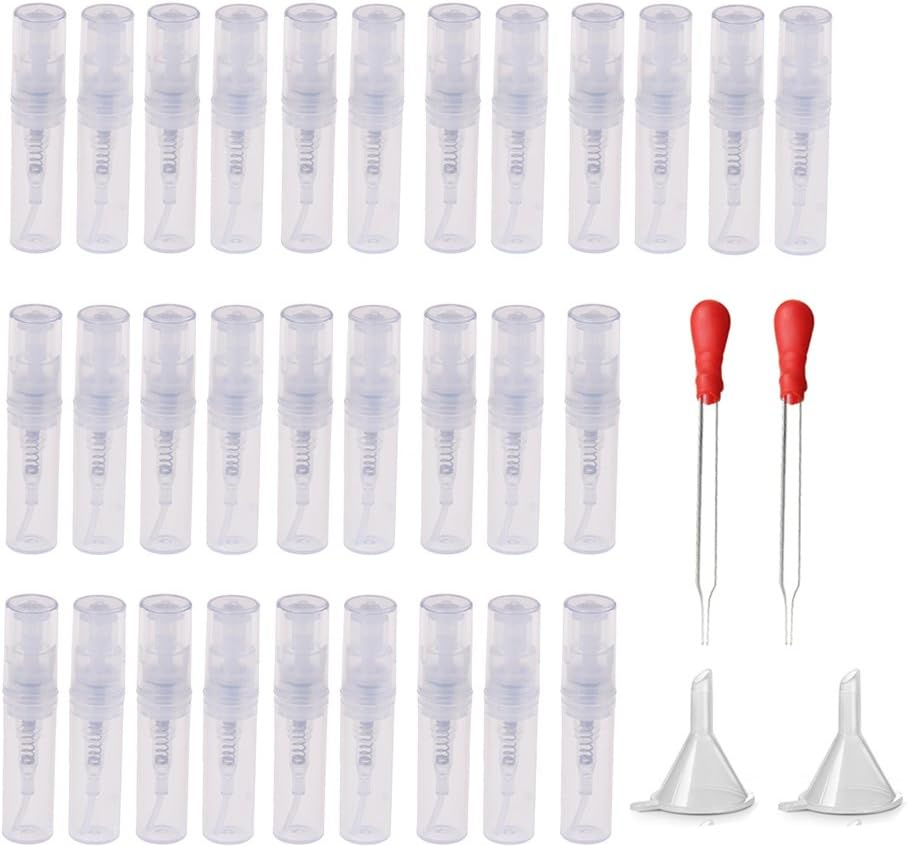Haishell 150 Pcs Mini 2ML Atomizer Plastic Bottle Spray Refillable Perfume Empty Sample Bottle with 2 Pcs Mini Plastic Funnels and 2 Pcs Glass Droppers for Travel Party Portable Makeup Tool
