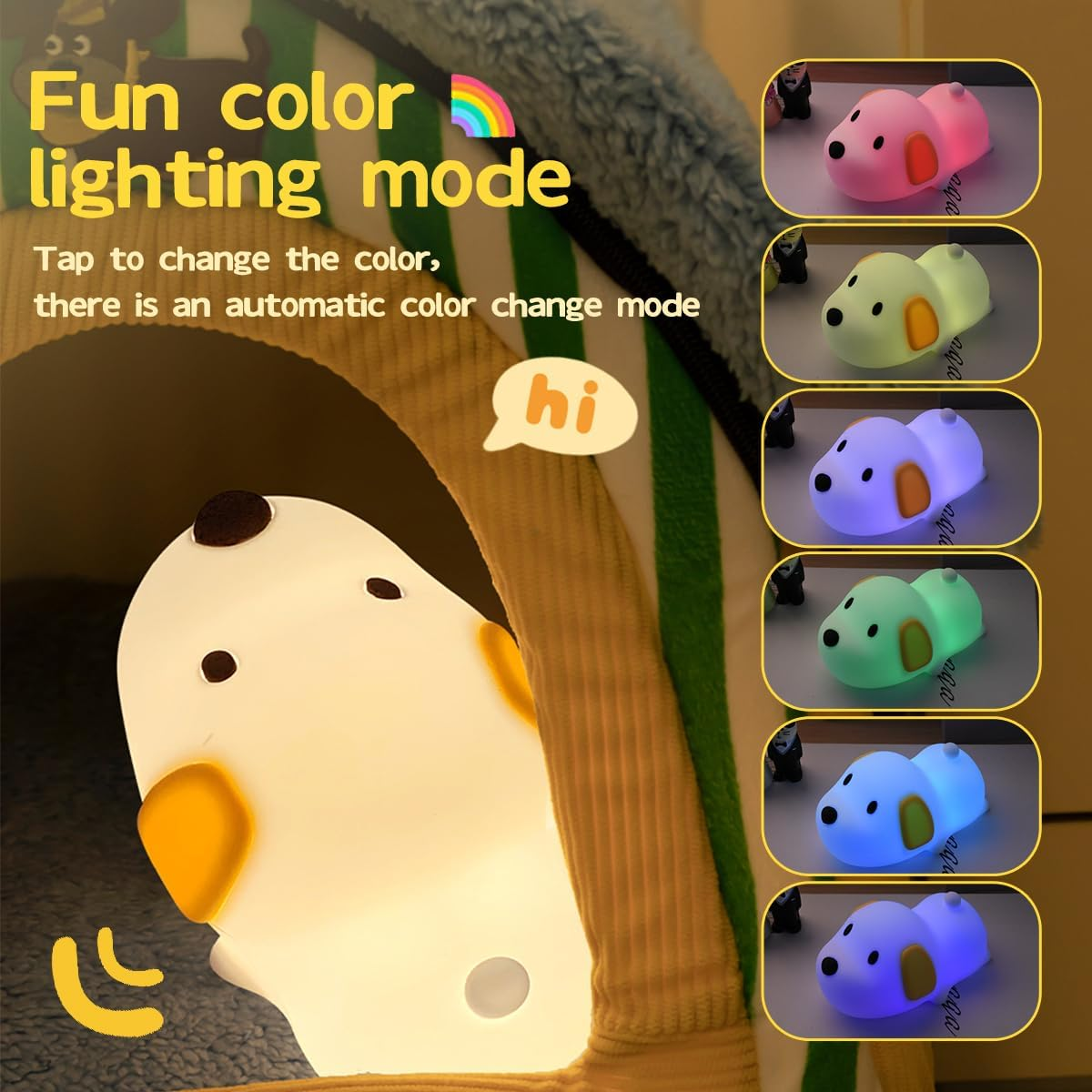 LED Kids Puppy Night Light, Touch Control Cute Colorful Soft Silicone Portable Bedroom Lamp, Brightness Adjustable, Non-Flickering Eye-Caring Warm Light, Type-C USB Rechargeable, Timing Function image number 5