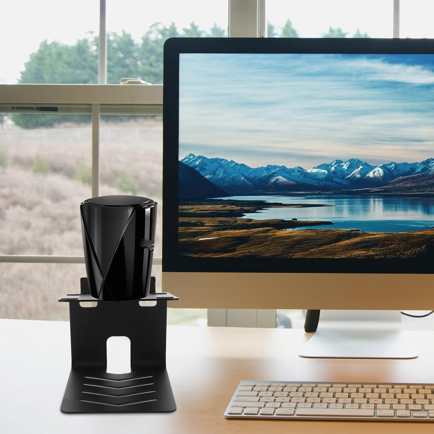 Uonlytech Metal Desktop Speaker Stand Riser Audio Amplifier Monitor Desk Stand Heightening Rack for Computer Gaming with Speaker Storage, Black, Small Size for Home Office Use image number 1