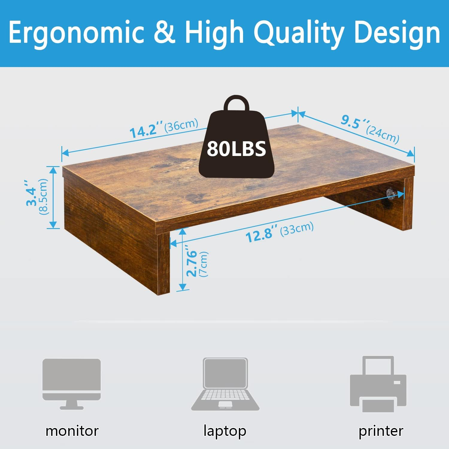 TEAMIX 14.2 Inch Monitor Stand Riser, Rustic Brown Wood Monitor Riser with Storage for Desk Small Monitor Stand Tv/Screen/Pc/Laptop Riser Computer Stand Desktop Shelf image number 6