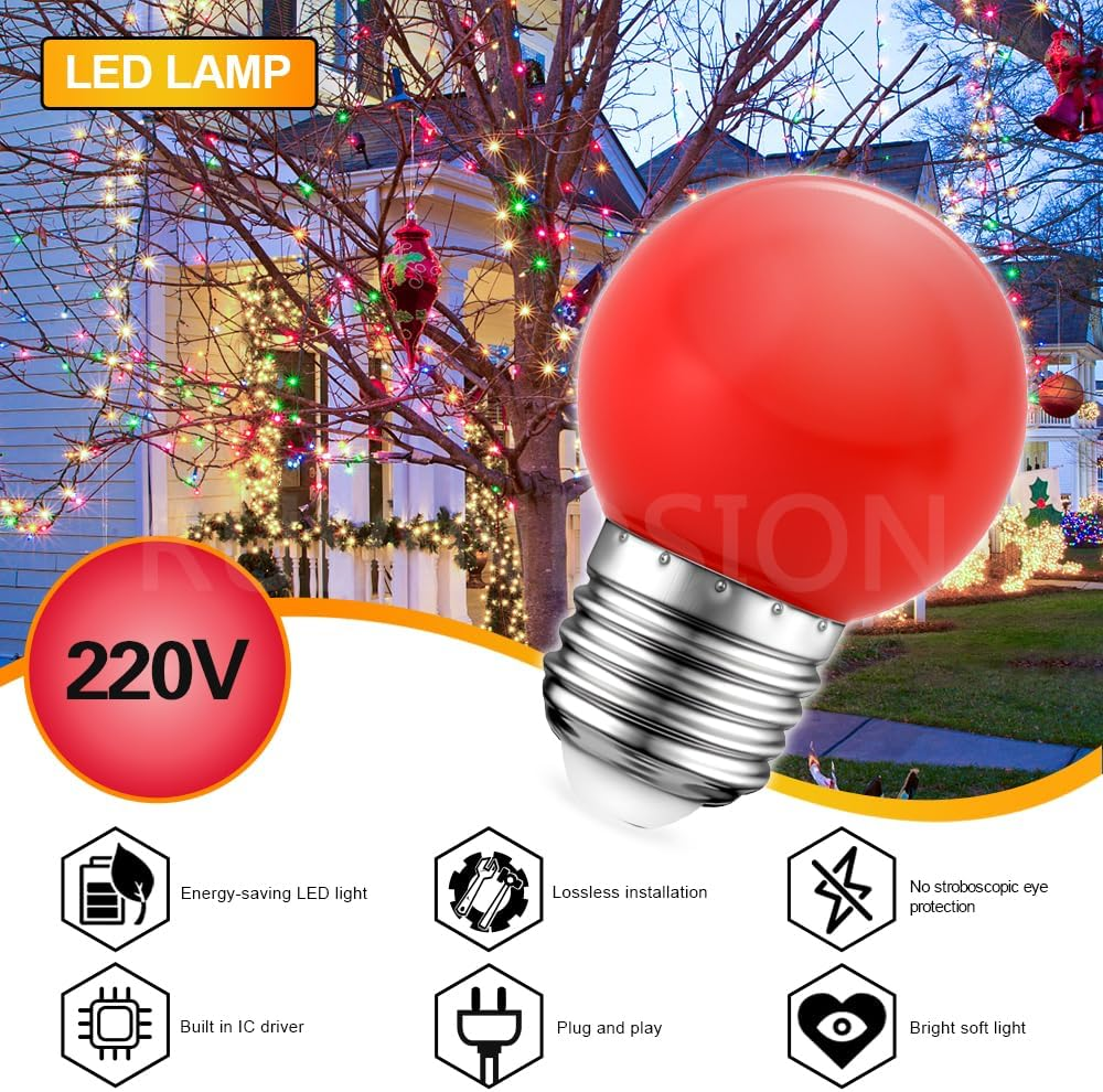 Ruiandsion E27 G45 1W Golf Ball LED Bulbs, Red Color Decorative Lights for Indoor Outdoor Christmas String, Wedding Party Decoration (Pack of 5) image number 2