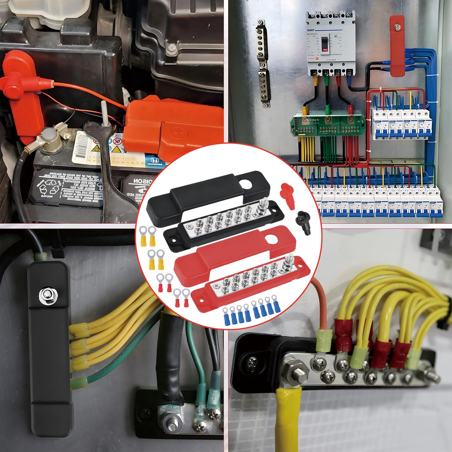 12V 150A Power Distribution Block, 1/4" Stud Marine Bus Bar with 34Pcs Terminal & 2Pcs Protective Cases, Battery Terminal Block for Boat Automotive Solar Wiring (Black+Red) image number 4
