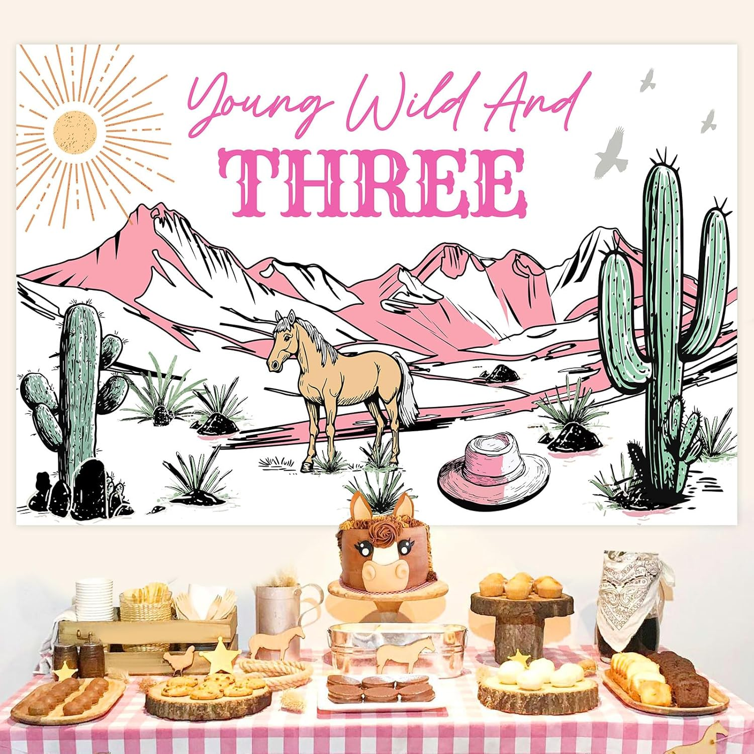 Wonmelody Western Cowgirl 3Rd Birthday Decorations Young Wild and Three Backdrop Banner 4.92 * 3.28Ft Western Theme Birthday Decorations Wild Rodeo Birthday Photo Background Wild West Birthday Girl image number 3