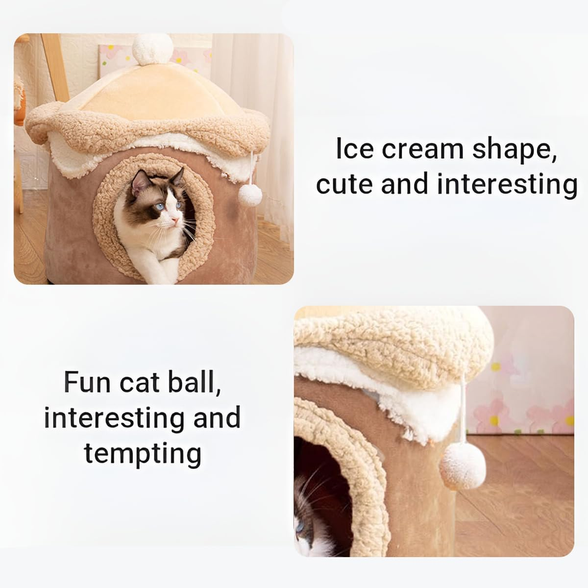 AIMALL Ice Cream Shape Cat Bed Winter Warm Plush Kennel for Cats and Small Dogs, Cute Indoor Felt Pet House with Pom Toy, 15.74In or 18.89In &ndash; Brown image number 3