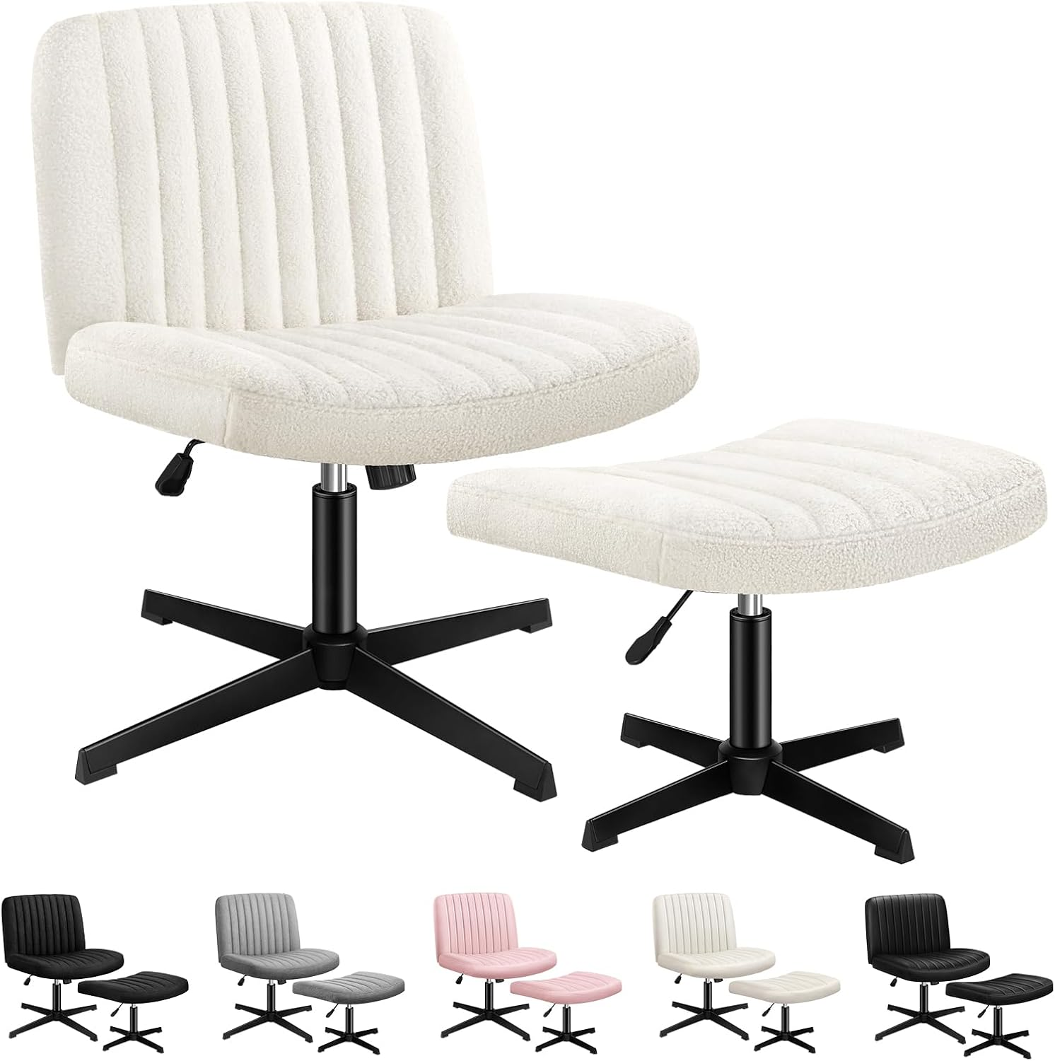 ALFORDSON Armless Criss-Cross Desk Chair with Ottoman Stool, Ergonomic Cross Leg Office Chair with Channel-Tufted Mid-Back Design, Tilt & Height Adjust and Swivel, 180Kg Max, Xavi PU Leather Black