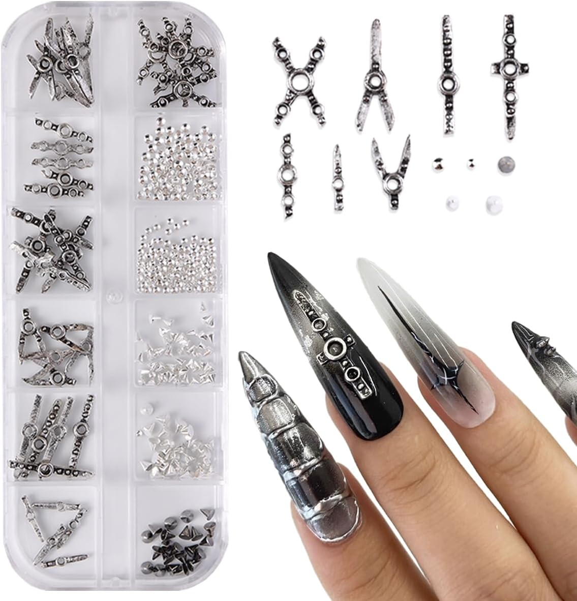 Fspronail Nail Piercing Charms, Black Silver Charms for Nails Metal Punk Goth Charm Cross Stud Rivet Spike Ring Piercing Jewelry Manicure Supplies Y2K Decoration DIY Craft (Silver Black 2)