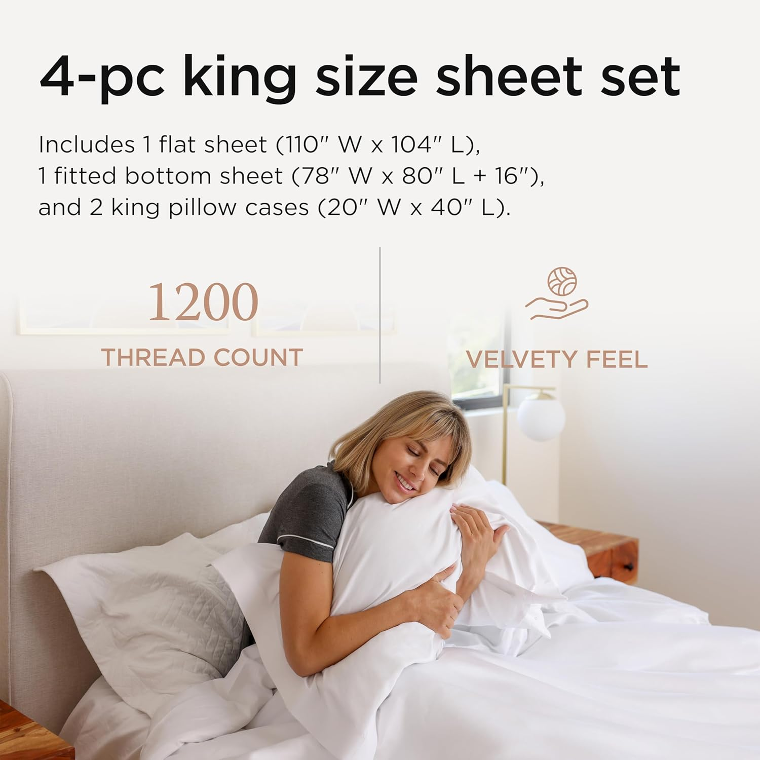 Threadmill 100% Supima Cotton Sheets King Size - 1200 Thread Count, 4Pc King Size Sheets Set, Smooth Sateen Weave King Sheets, Ultra Luxury Bed Sheets, 17" Deep Pocket King Sheet Set - White Sheets image number 1