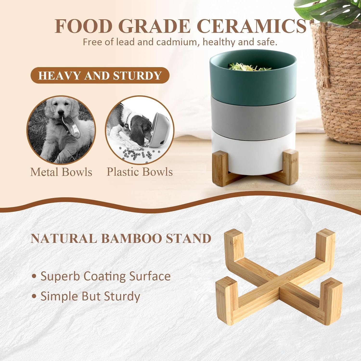Ceramic Dog Bowl 28OZ with Wood Stand, PRENDIEEN Durable Ceramic Food Water Elevated Dish for Pet 6.1In(15.5Cm) Diameter, Modern Cute Weighted Food Water Set, Cat Dog Food & Water Bowl Set (White)