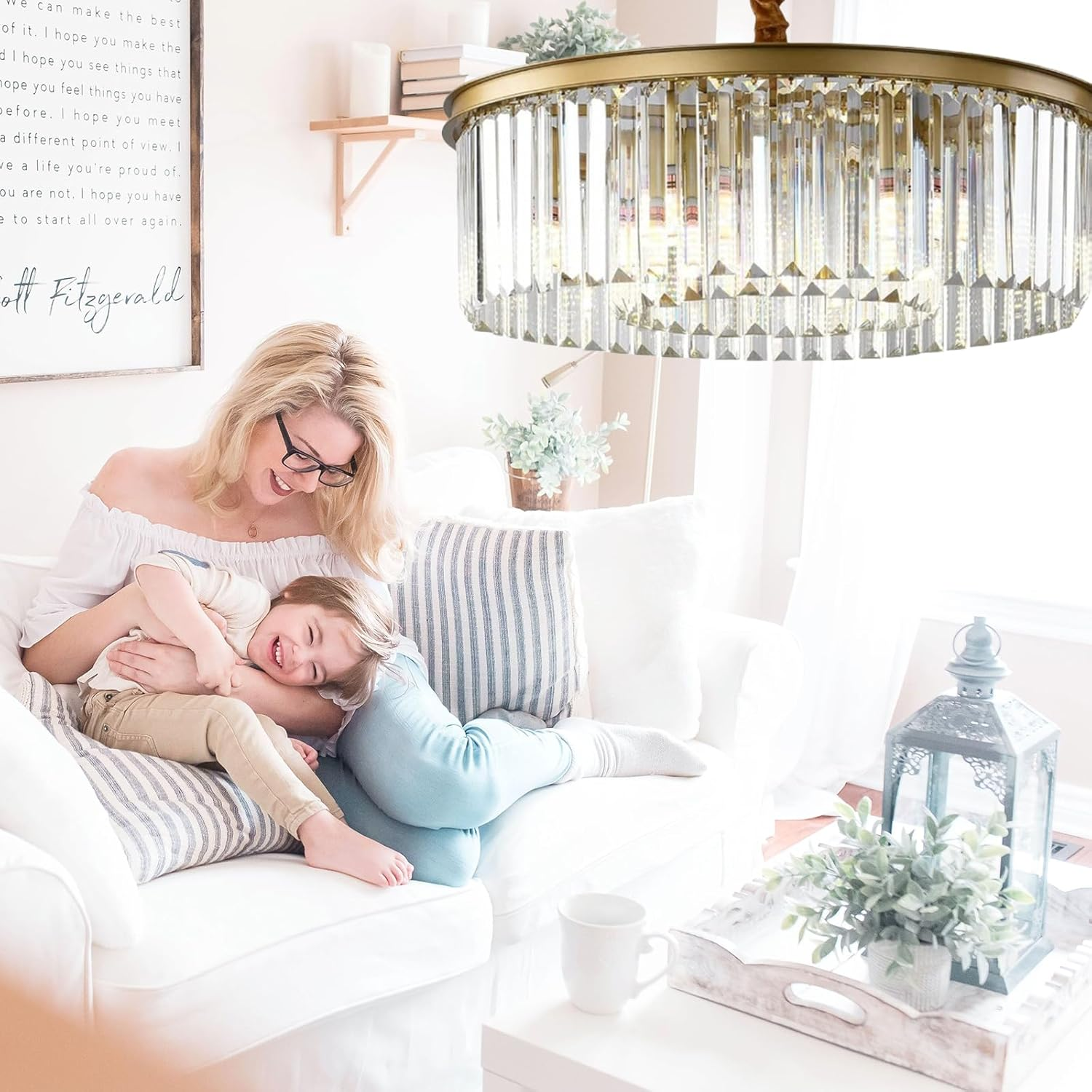 Modern Black Crystal Chandelier Ceiling Light, Semi Flush Mount 5 Lights 2 Tier Crystal round Chandelier Light for Bedroom, Living Room, Dining Room,23.6In,Black image number 2