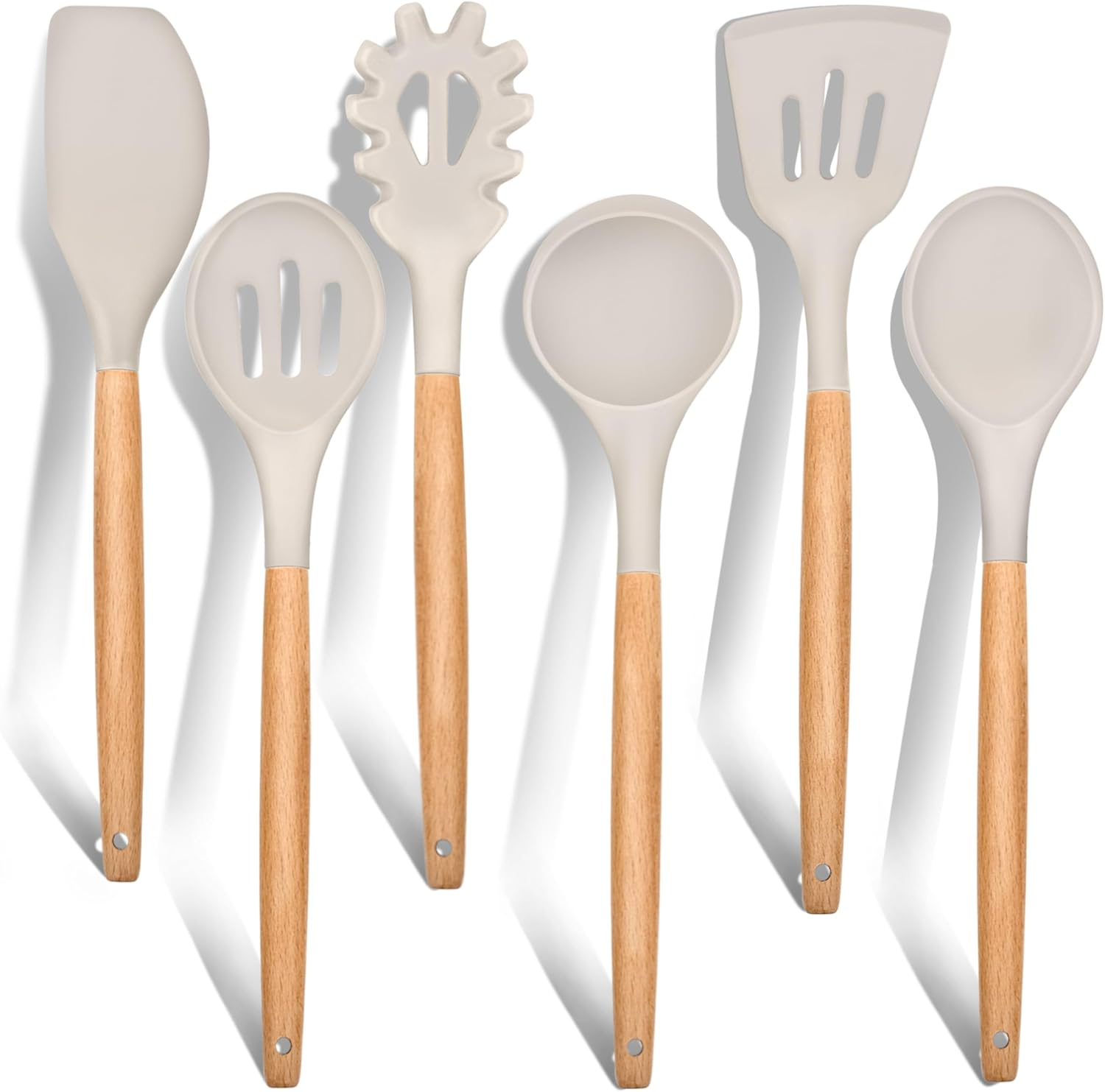 E-Far White Cooking Utensils Set of 6, Silicone Kitchen Utensils with Wooden Handle, Non-Stick Cookware Friendly & Heat Resistant, Includes Spatula/Ladle/Slotted Turner/Serving Spoon/Spaghetti Server