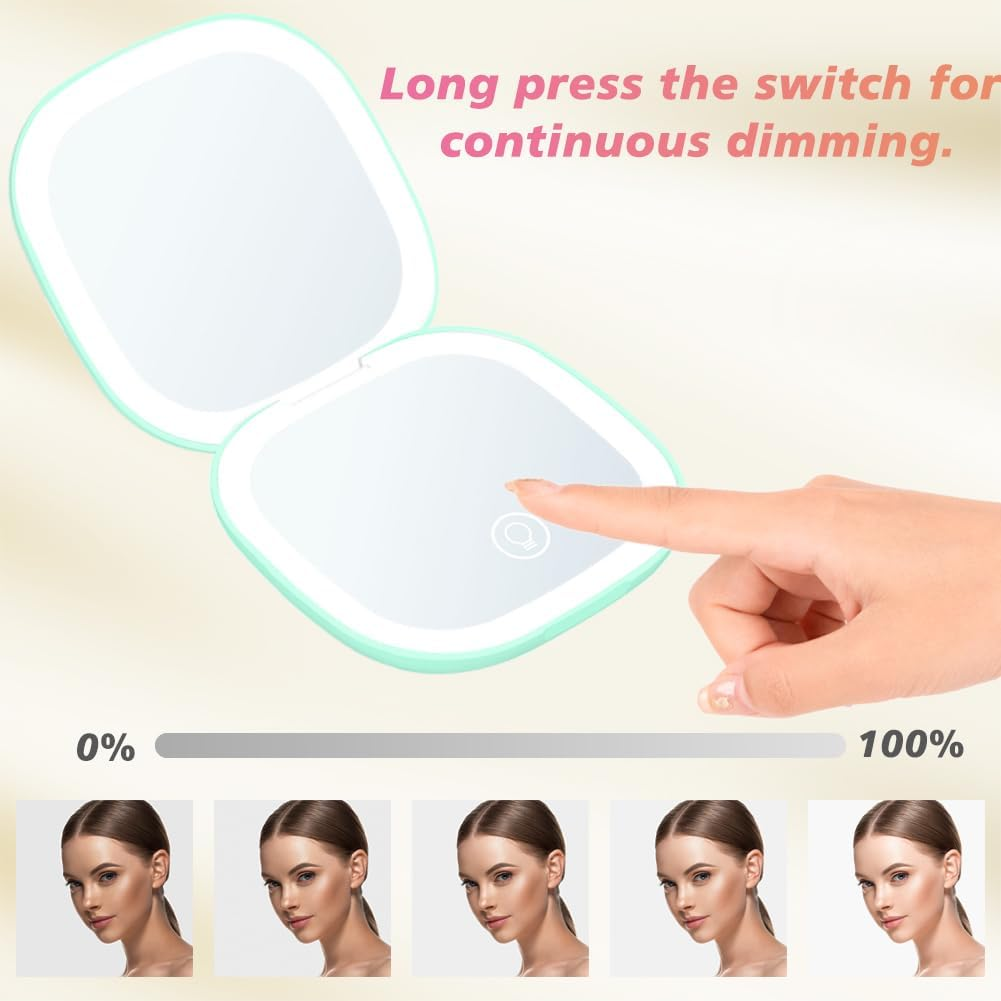 Compact LED Magnifying Travel Makeup Mirror 1X/10X Magnification Small Hand Pocket Mirror 3 Light Colors Dimmable Double Sided USB Rechargeable Touch Screen, Portable Cosmetic Mirror(Green) image number 5