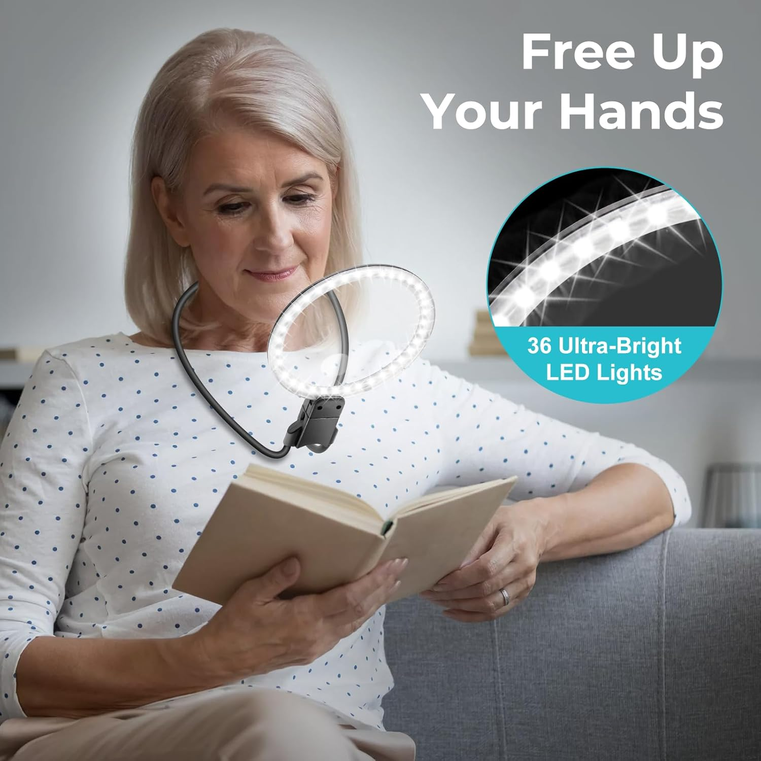 5X Magnifying Glass with 36 LED Light, 5.2 Inch Large Magnifier with 3 Light Modes Hands Free, Neckwear Magnifying Glass with Flexible Gooseneck for Close Work, Reading, Sewing Low Vision Seniors