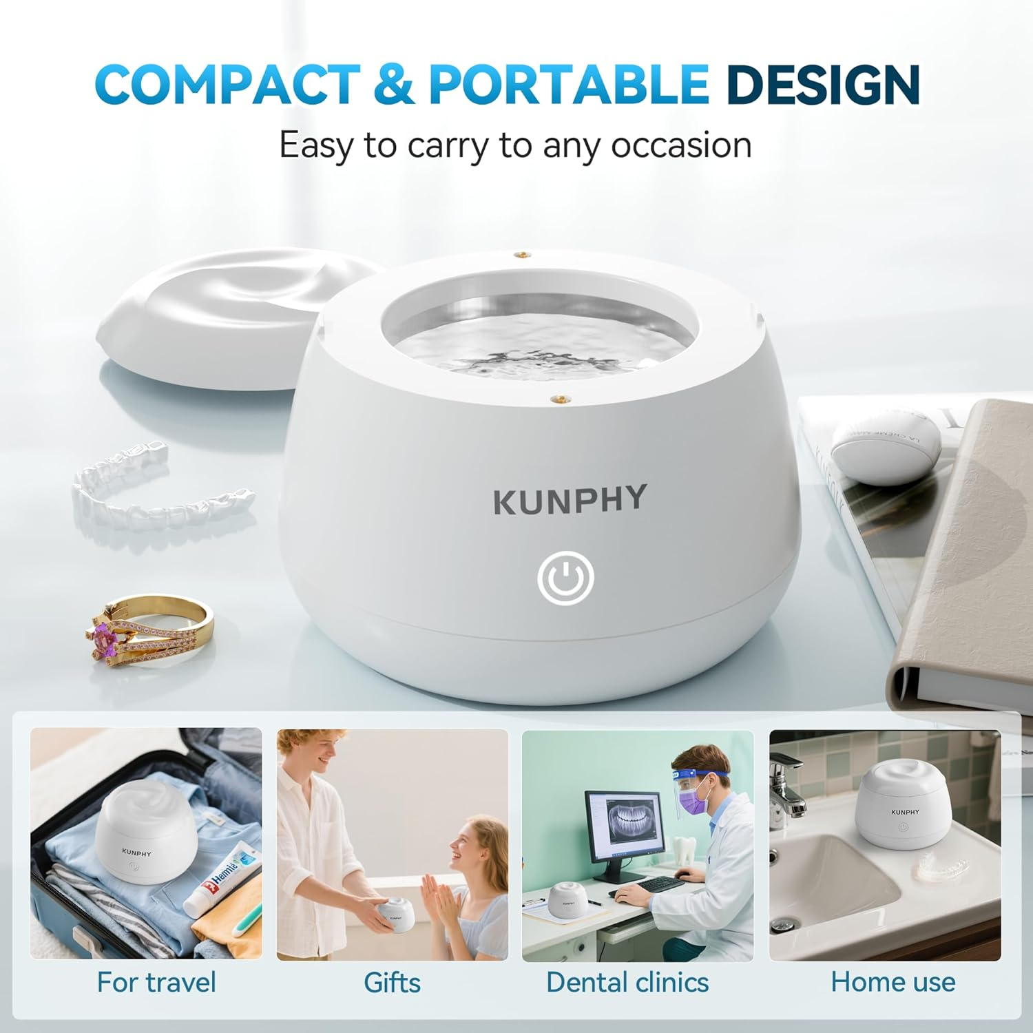 KUNPHY Retainer Cleaner, 48Khz Dental Pod with Cleaning Tablets, Water-Proof Ultrasonic Retainer Cleaner for Deep Cleaning Night Guard, Mouth Guard, Aligner, Jewelry, White image number 6