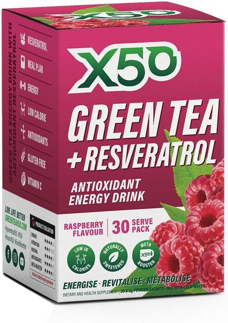Green Tea X50 Green Tea & Resveratrol Mango Energy Drink Powder 30 Sachets, Energy, Antioxidants, Fat Burner,, Mango 90 Grams image number 2