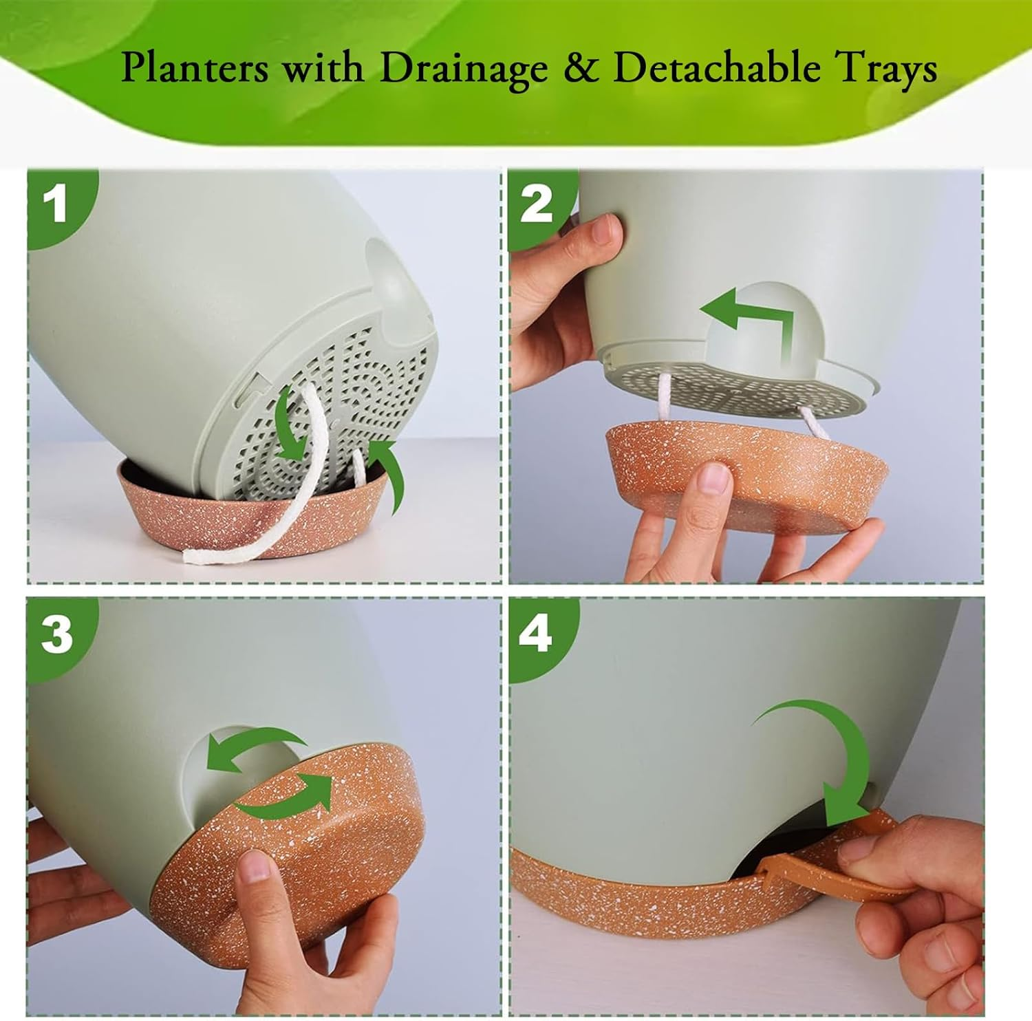 2 Pack 12 Inch Self Watering Plant Pots with Drainage Holes, Uv-Resistant Plastic Planters for Indoor Outdoor Plants, Modern Flower Pots with Tray (White) - White image number 4