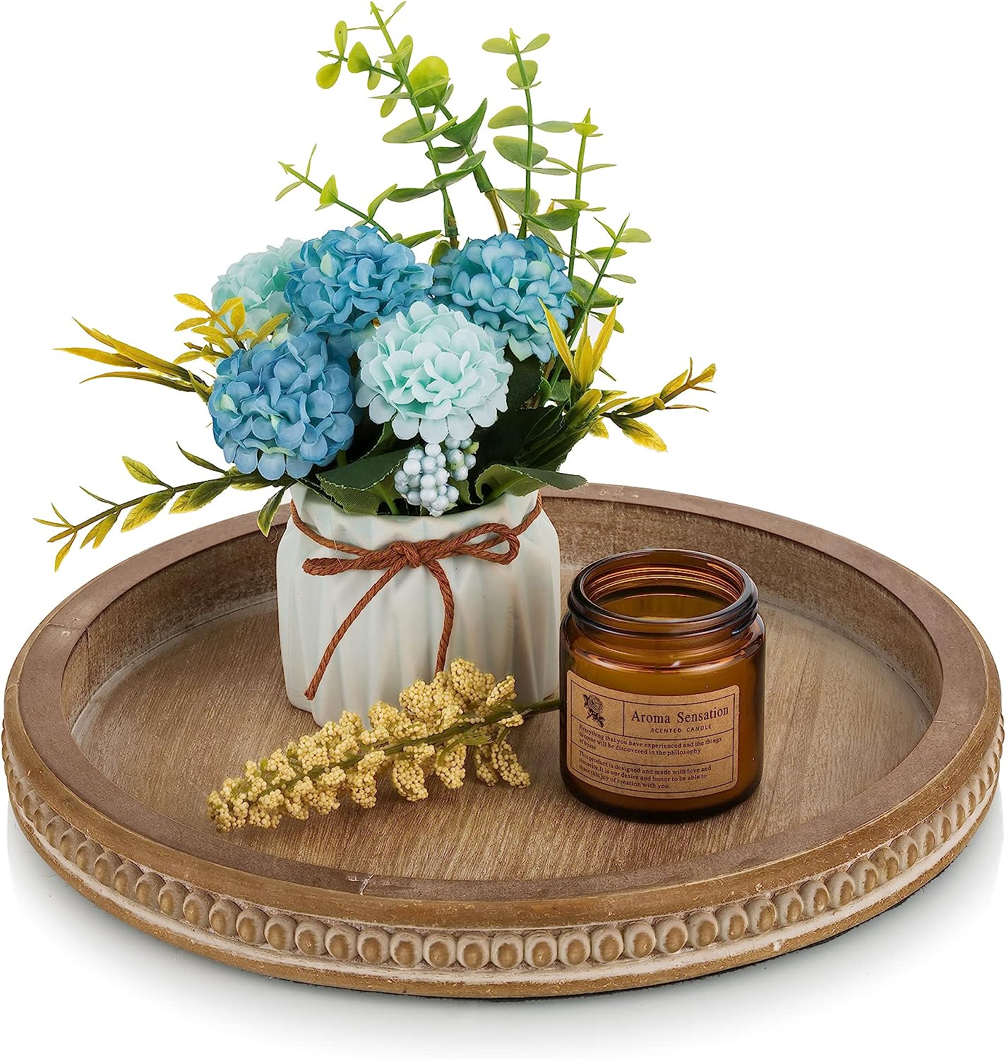 Hanobe Decorative Tray round Coffee: Beaded White Circle Serving Tray Bohotable Centerpiece Decor Vintage Rustic Wood Kitchen Counter for Living Room Home Bathroom