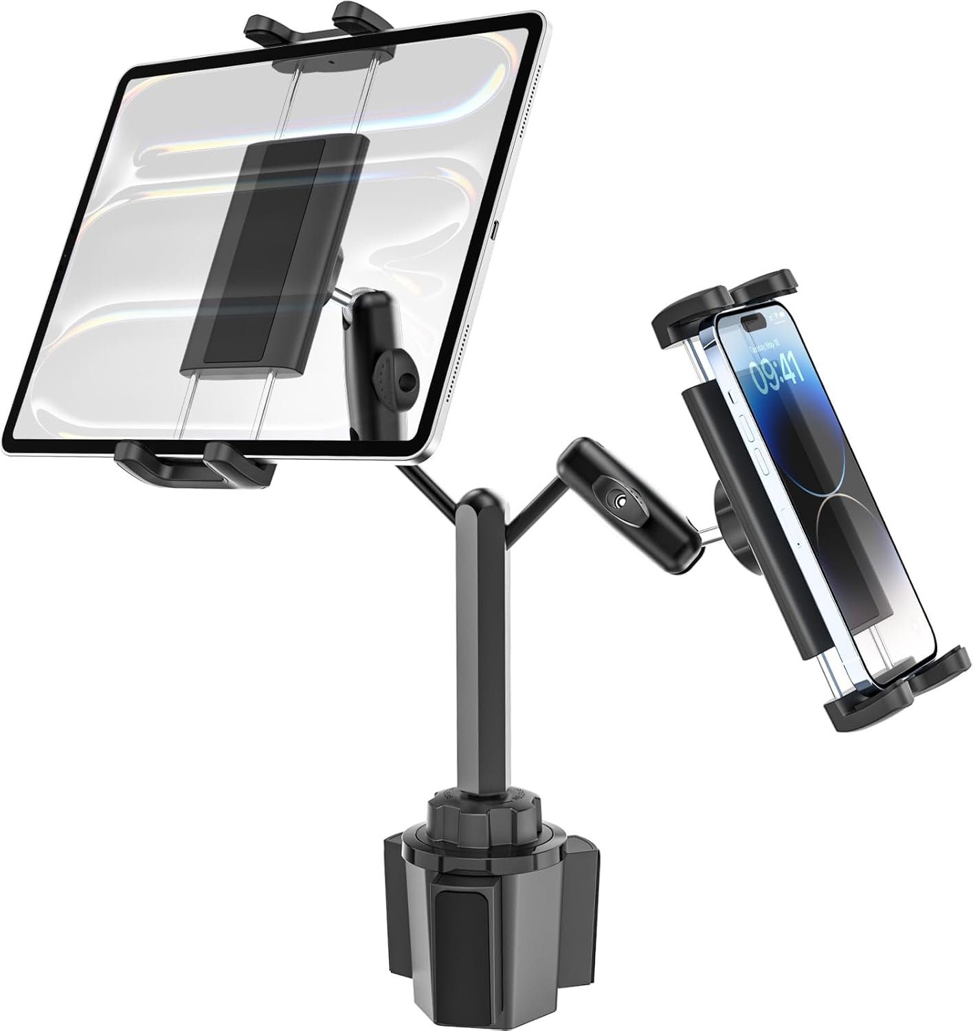 EXSHOW Car Cup Holder Tablet Mount, Heavy Duty Dual Tablet Holder for Truck, [Double Metal Arm] Adjustable Cupholder Compatible with Ipad Pro 13 12.9 Mini Air, ELD, Galaxy Tab, Iphone, 4-13" Device image number 2
