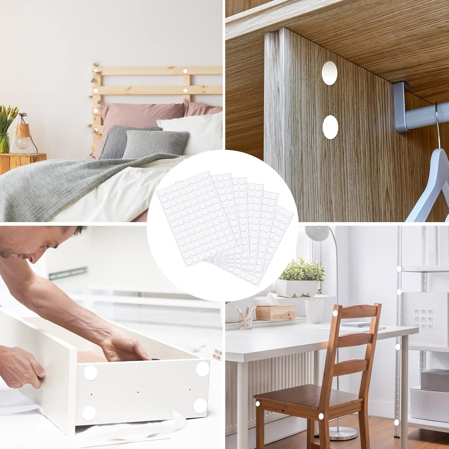 Bekecidi White Self-Adhesive Screw Hole Stickers - 6 Sheets, 576Pcs Plastic Cover Caps for Wood Furniture Cabinets - 15Mm Dustproof Covers image number 1