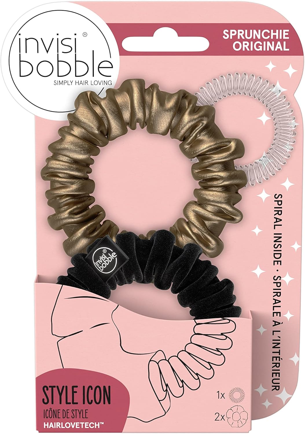 Invisibobble Sprunchie Spiral Hair Ring - True Black- 2 Pack - Scrunchie Stylish Bracelet, Strong Elastic Grip Coil Accessories for Women - Gentle for Girls Teens and Thick Hair