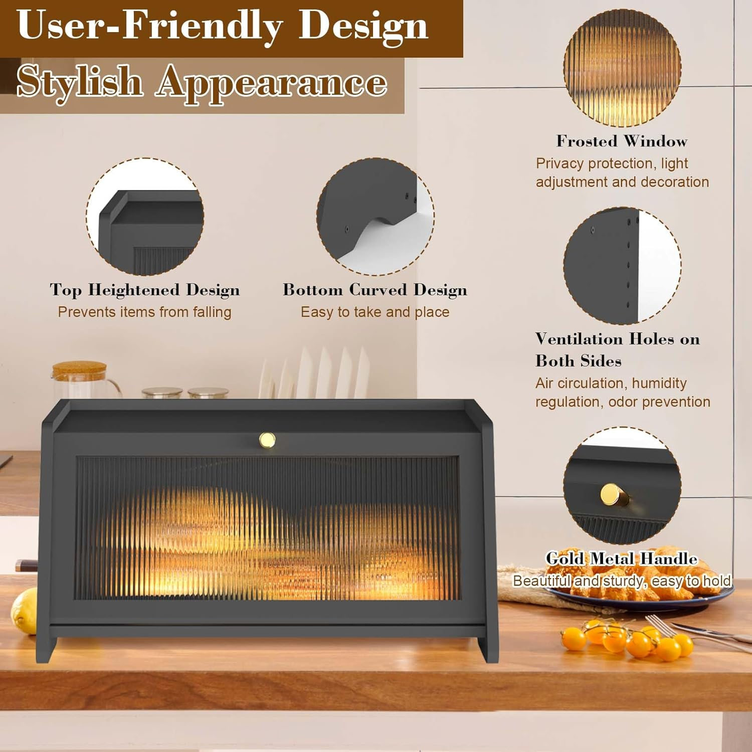 Black Bread Box for Kitchen Countertop, Bamboo Bread Storage Container with Acrylic Frosted Window, Large Farmhouse Breadbox for Homemade Bread Fruits & Spices