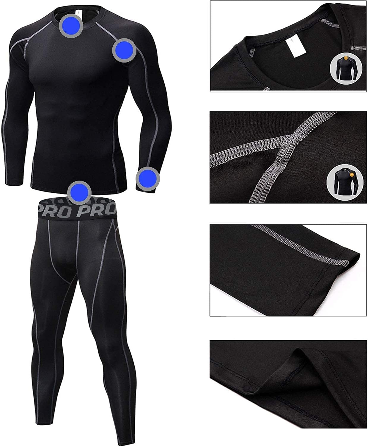 Mens Workout Compression Set Pants and Long Sleeve Shirts Winter Warm Thermal Base Layer Top & Bottom image number 5